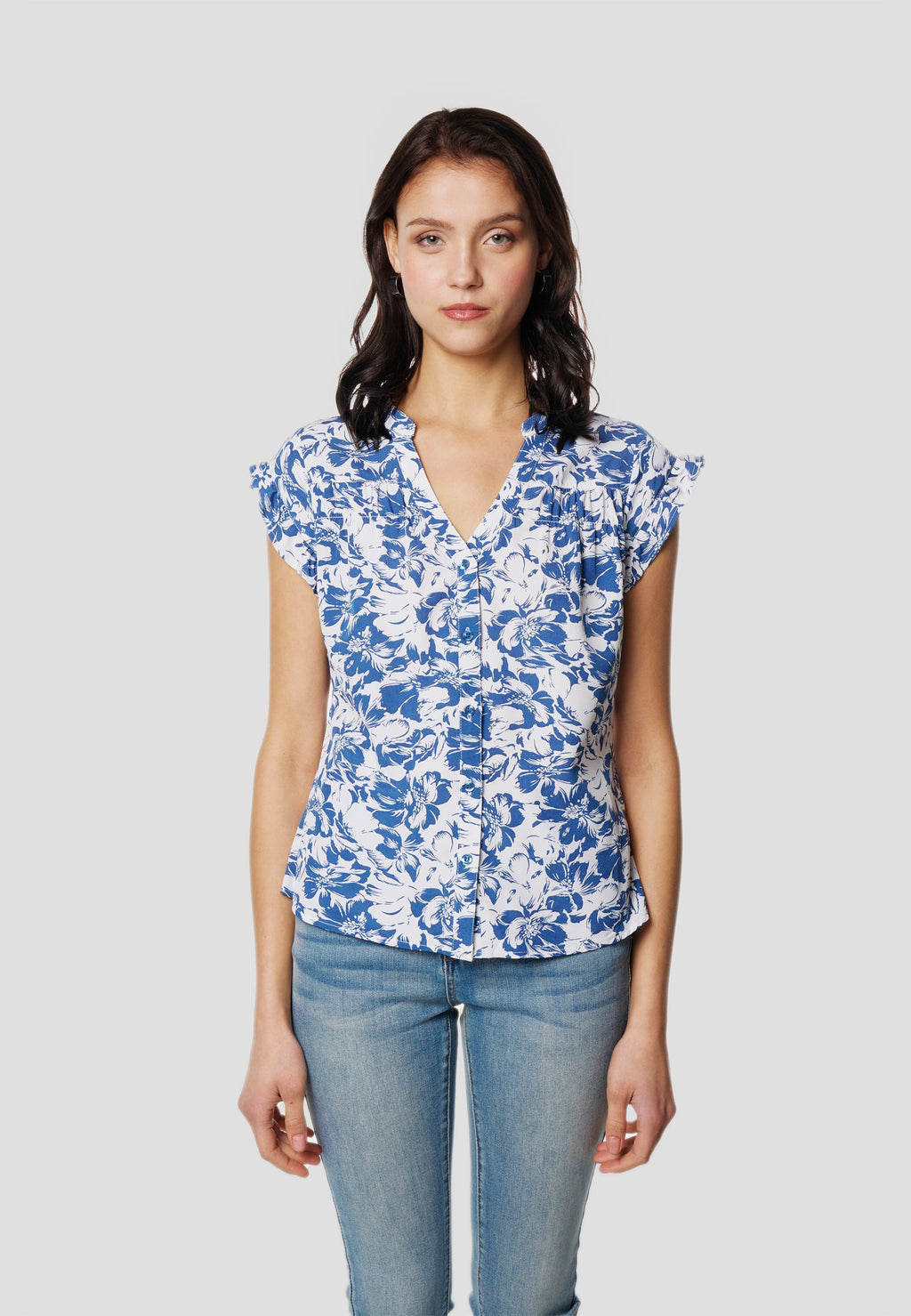 Blusa Mujer Manga Corta Volante Escote Pico Estampada – Koroshi 2612BL35
