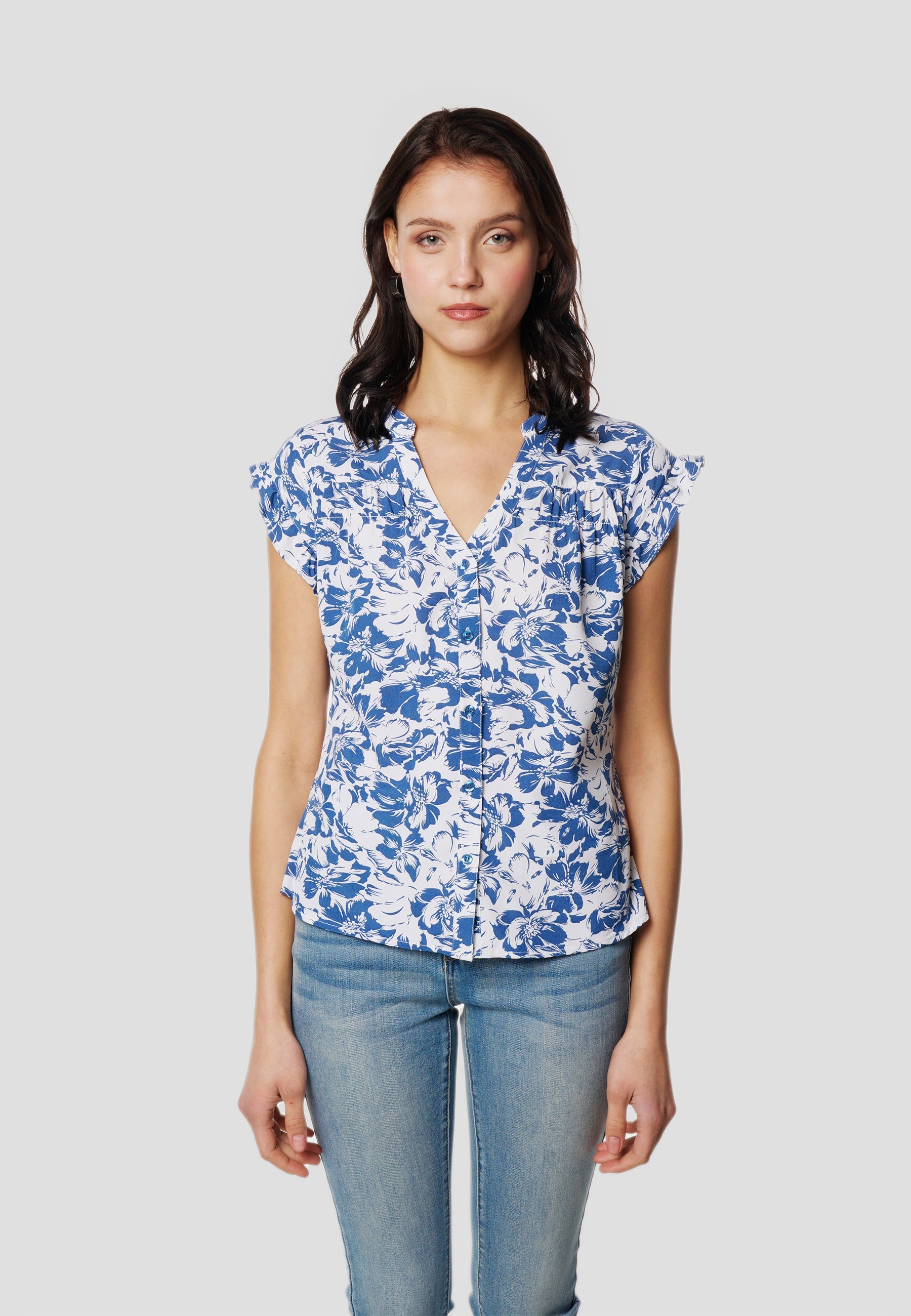 Blusa Mujer Manga Corta Volante Escote Pico Estampada – Koroshi 2612BL35