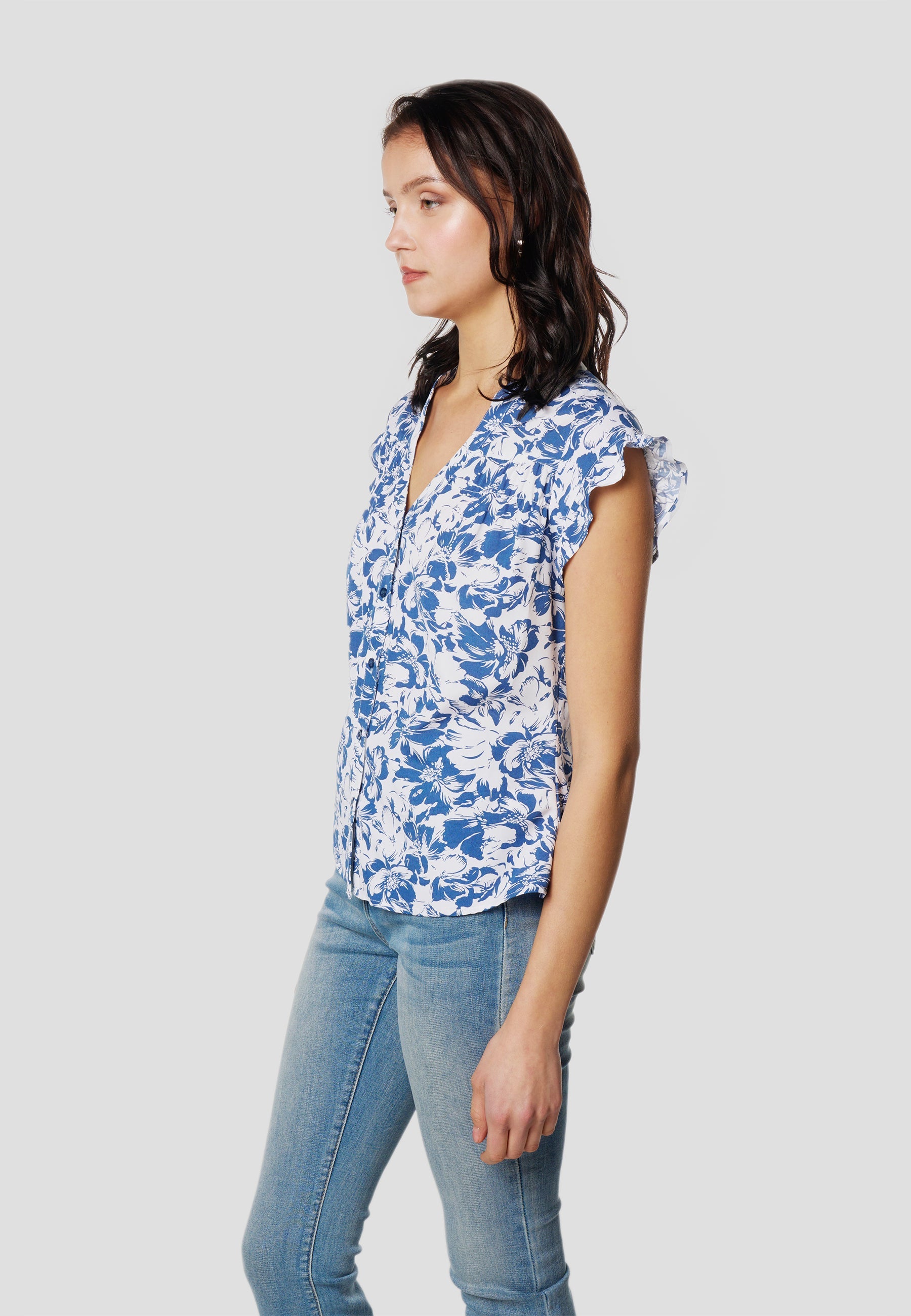 Blusa Mujer Manga Corta Volante Escote Pico Estampada – Koroshi 2612BL35