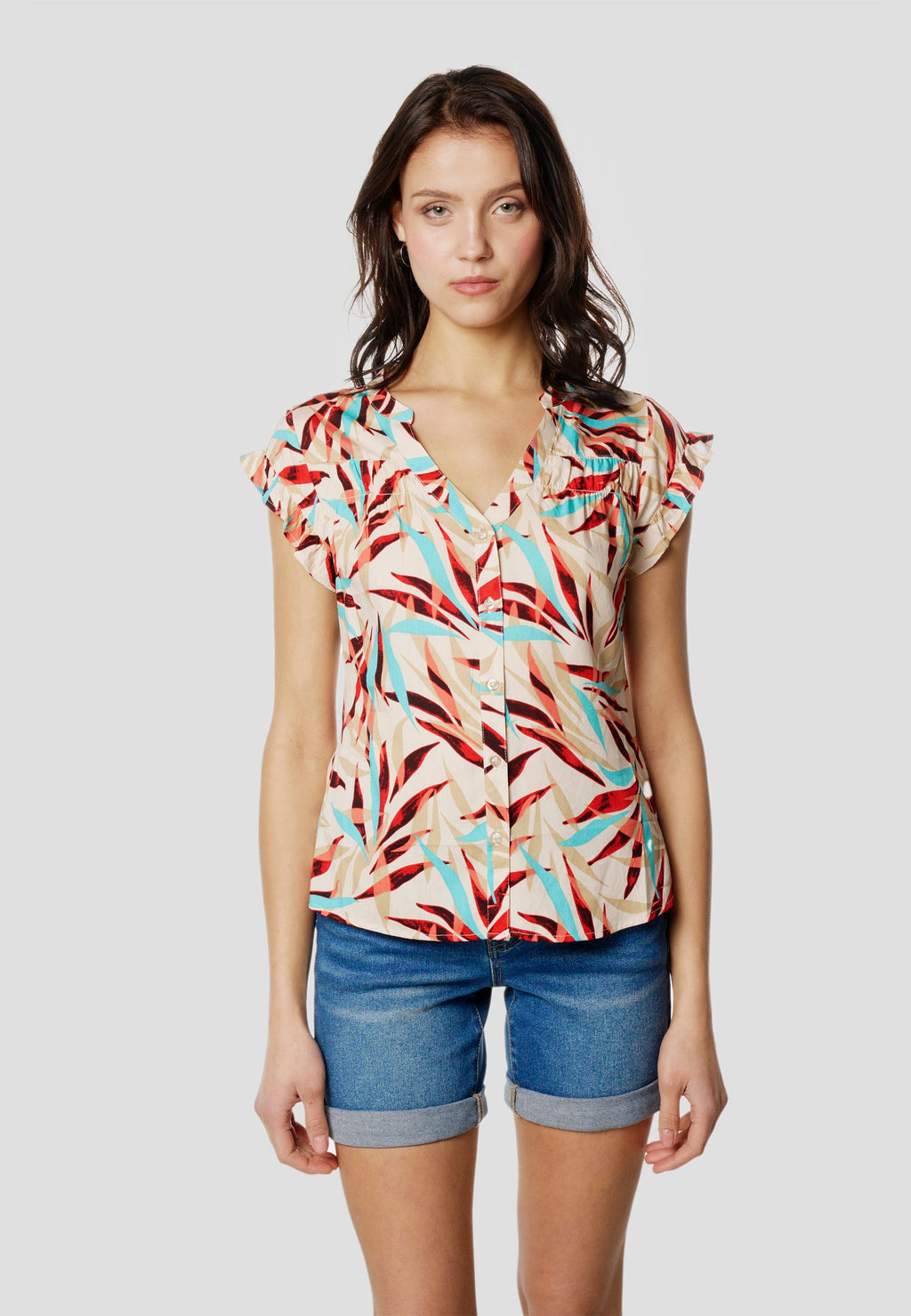 Blusa Mujer Manga Corta Volante Escote Pico Estampada – Koroshi 2612BL35