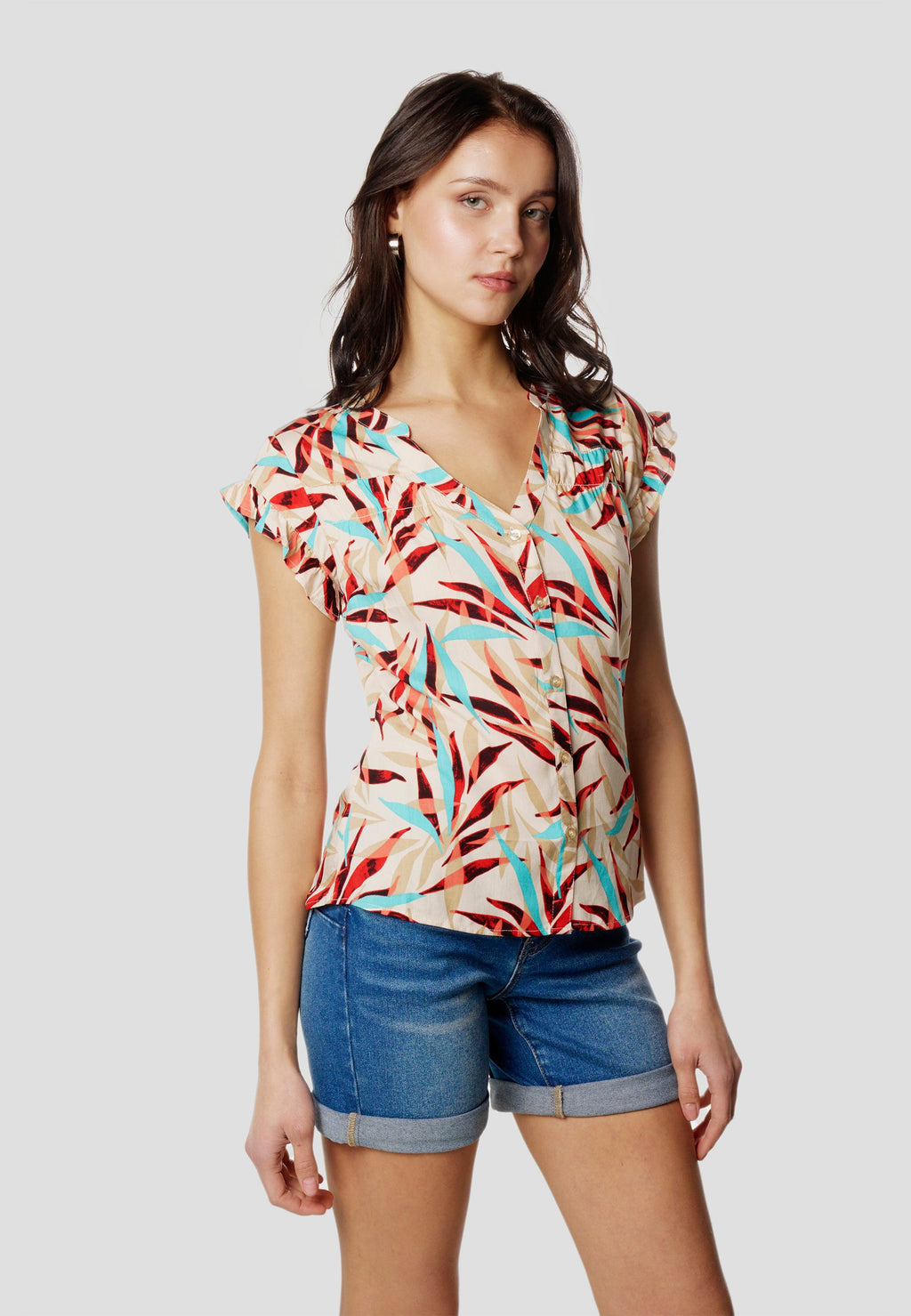 Blusa Mujer Manga Corta Volante Escote Pico Estampada – Koroshi 2612BL35