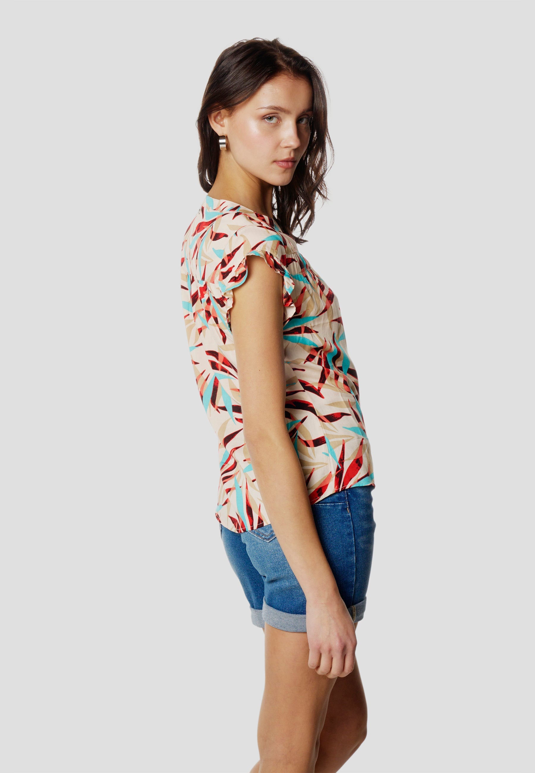 Blusa Mujer Manga Corta Volante Escote Pico Estampada – Koroshi 2612BL35