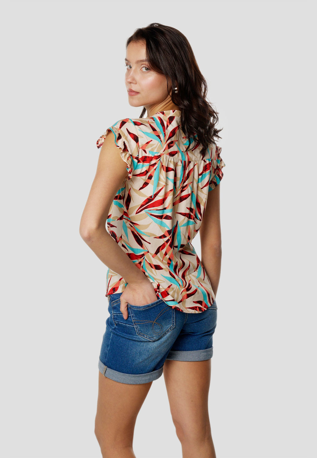 Blusa Mujer Manga Corta Volante Escote Pico Estampada – Koroshi 2612BL35