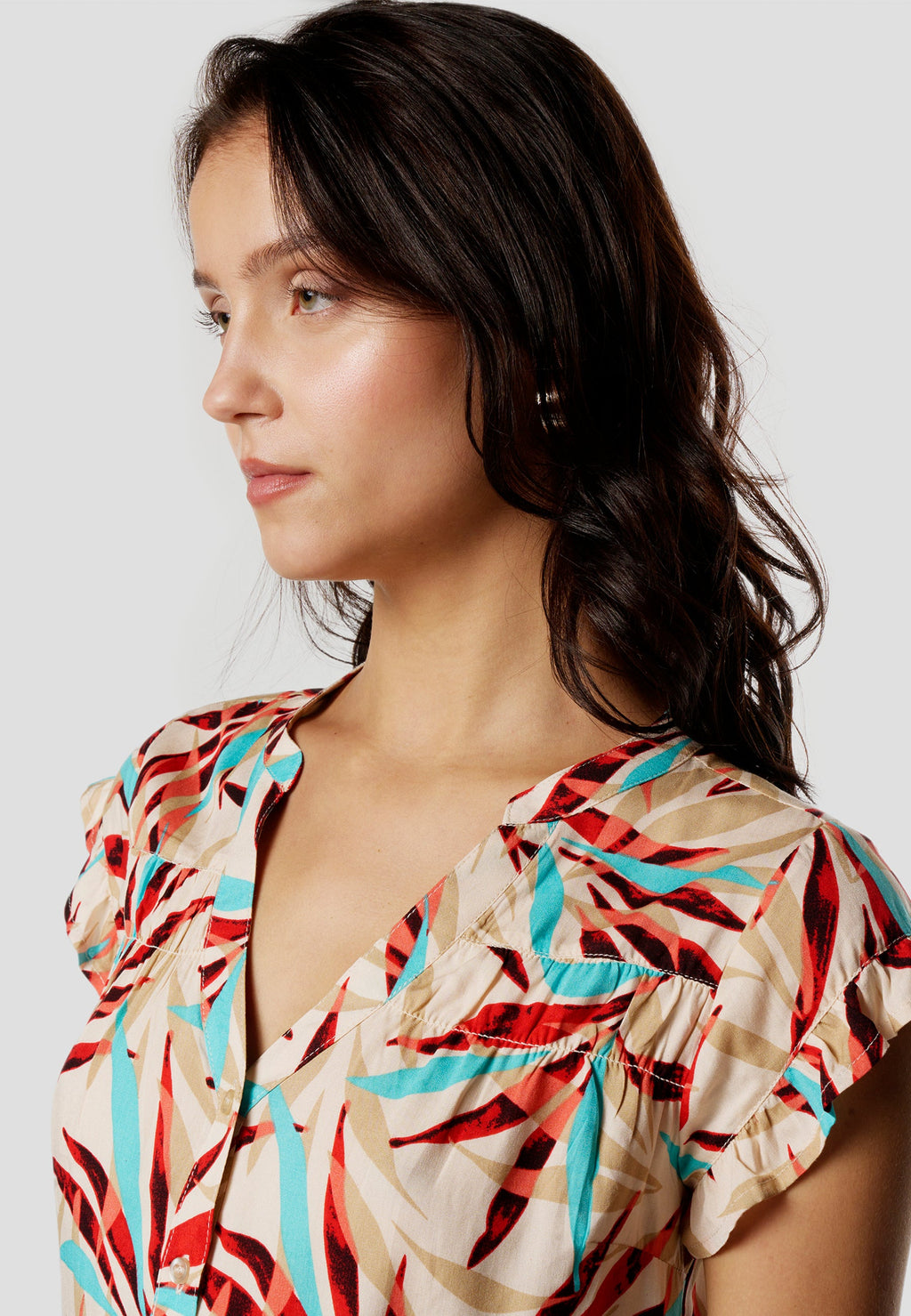 Blusa Mujer Manga Corta Volante Escote Pico Estampada – Koroshi 2612BL35