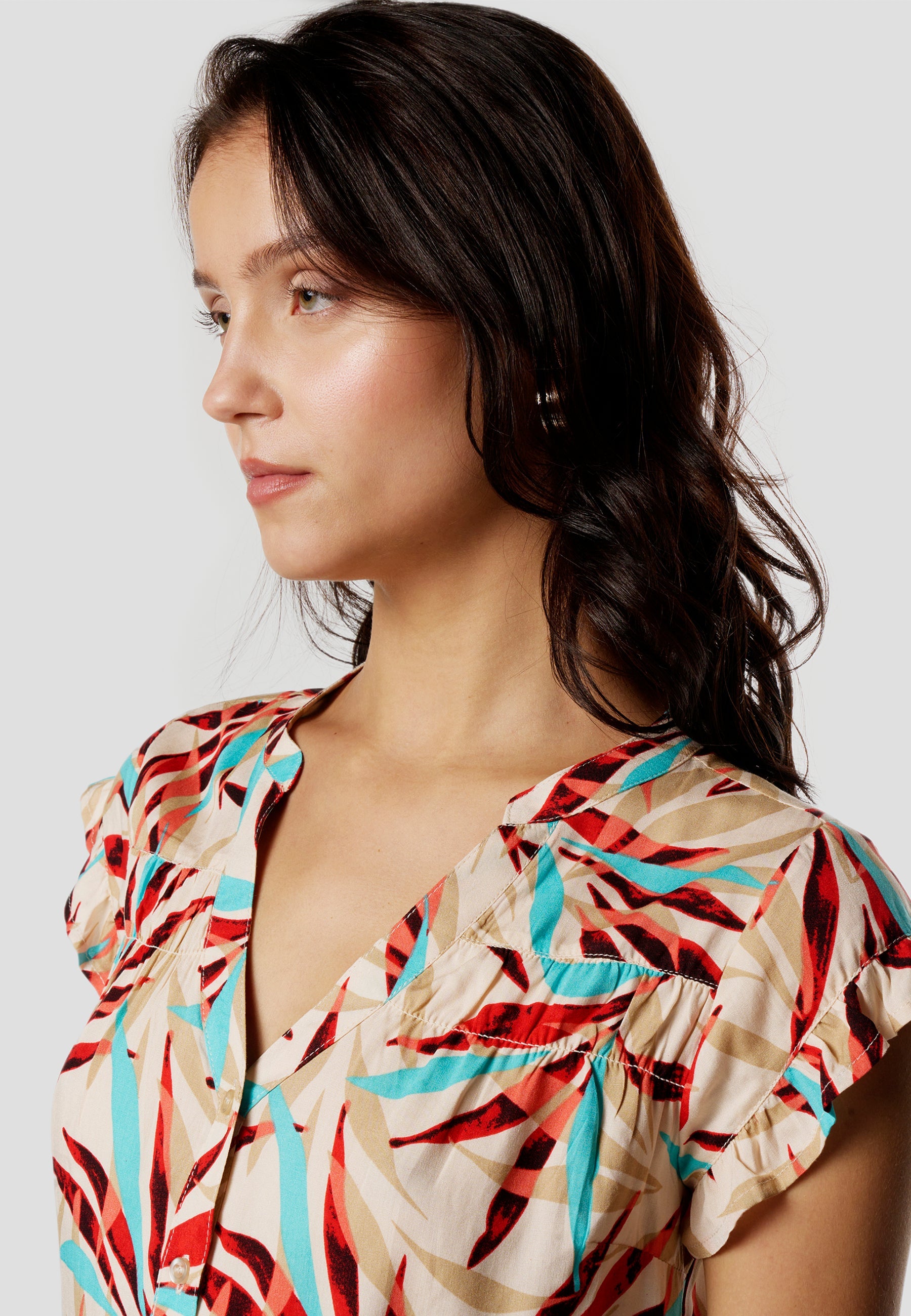 Blusa Mujer Manga Corta Volante Escote Pico Estampada – Koroshi 2612BL35