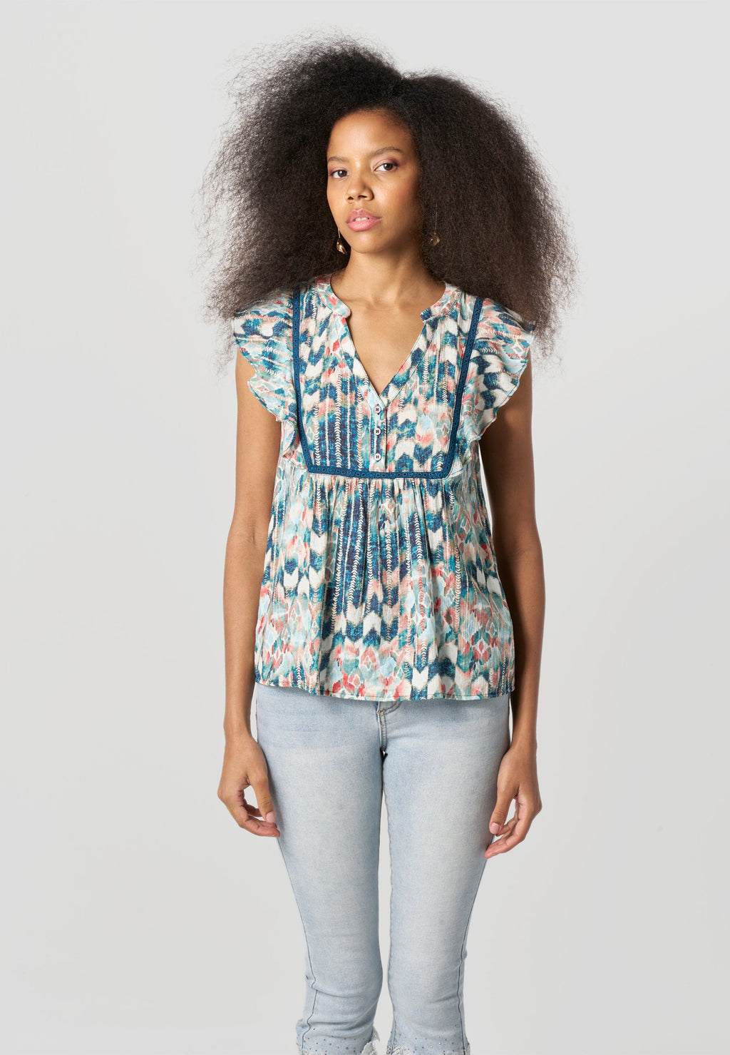 Blusa Mujer Manga Volante Estampada Cuello Pico – Koroshi Multicolor