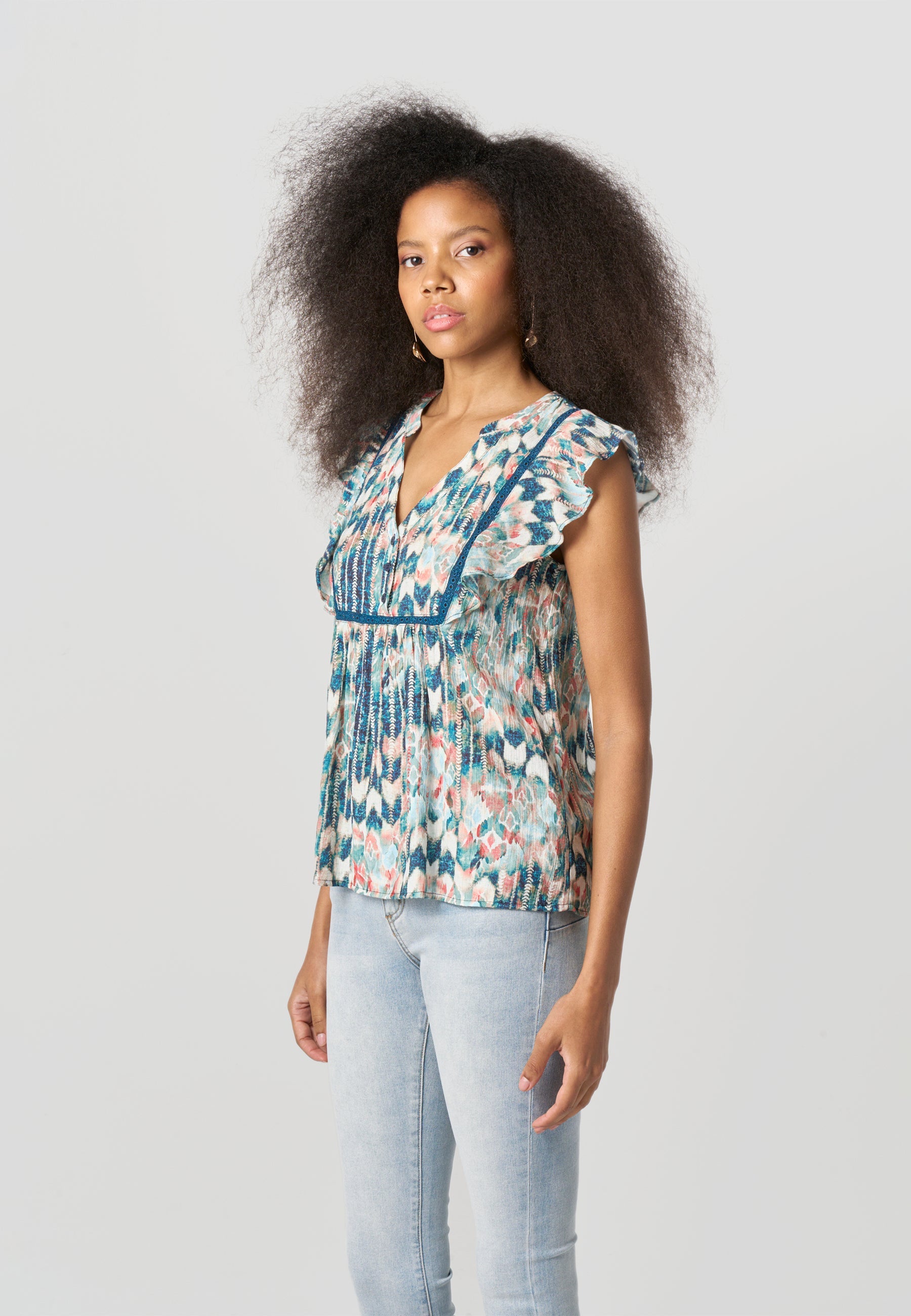 Blusa Mujer Manga Volante Estampada Cuello Pico – Koroshi Multicolor