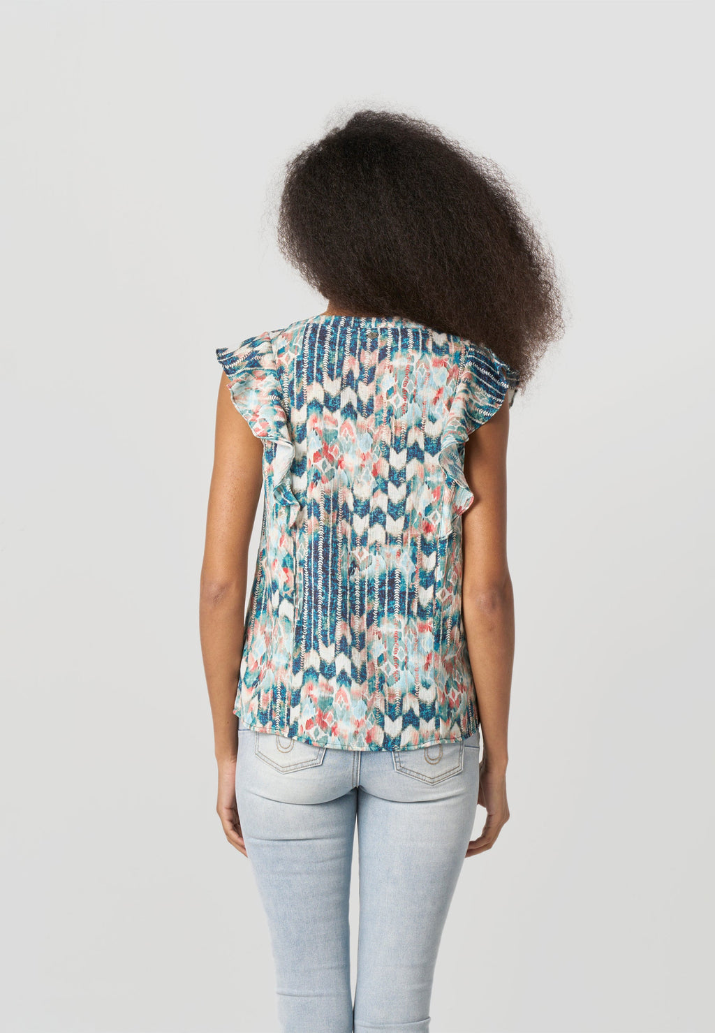 Blusa Mujer Manga Volante Estampada Cuello Pico – Koroshi Multicolor