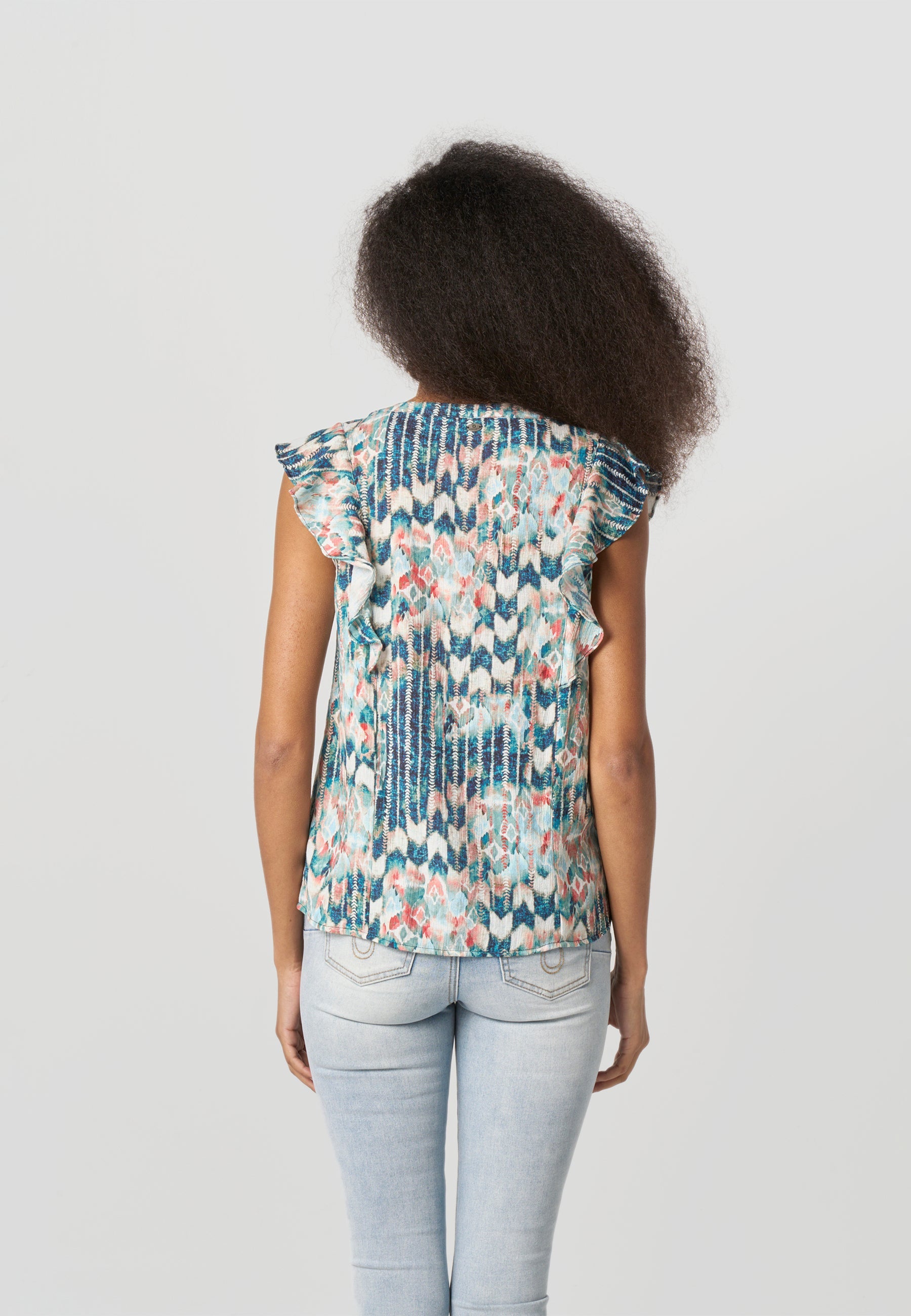 Blusa Mujer Manga Volante Estampada Cuello Pico – Koroshi Multicolor