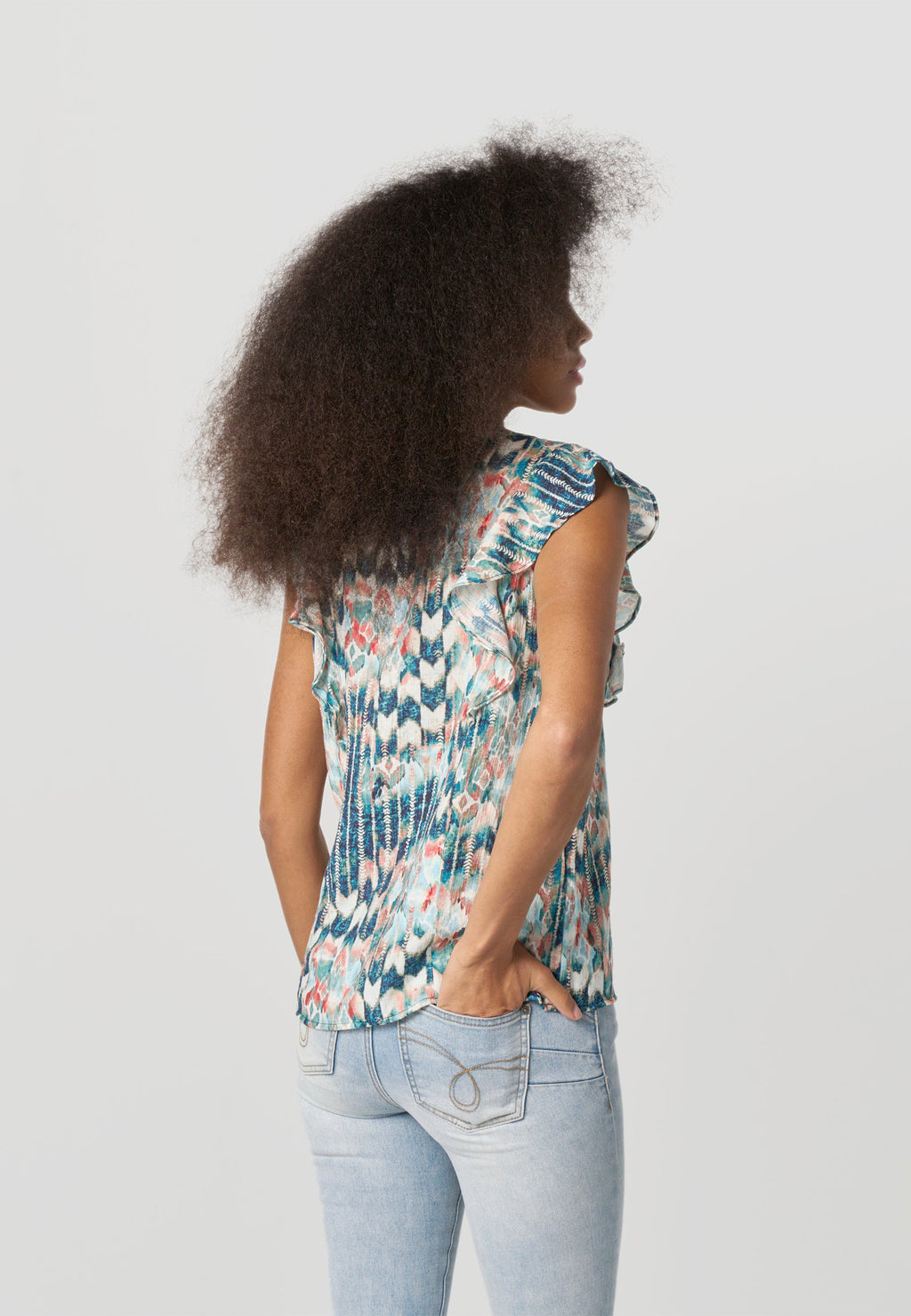 Blusa Mujer Manga Volante Estampada Cuello Pico – Koroshi Multicolor