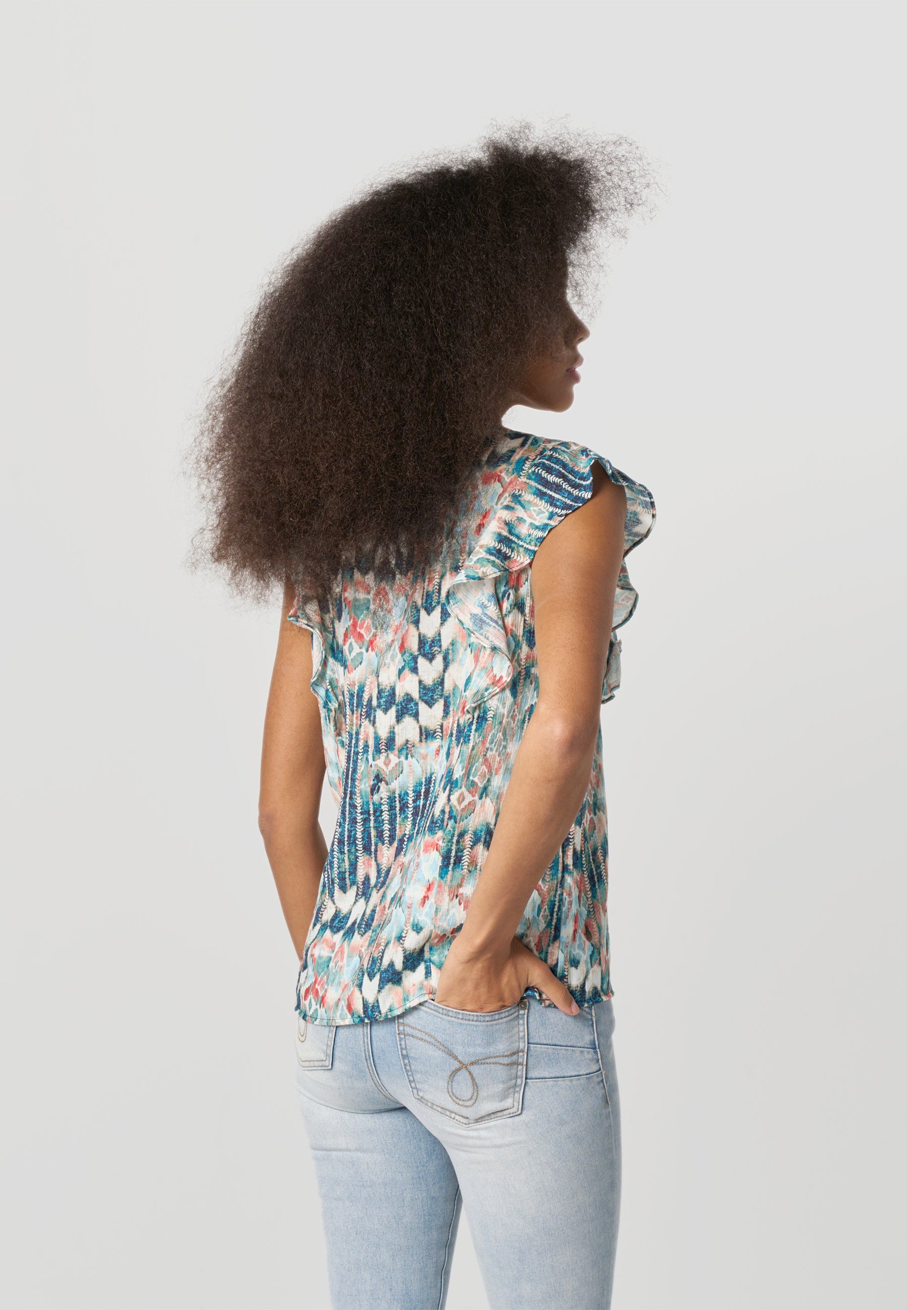 Blusa Mujer Manga Volante Estampada Cuello Pico – Koroshi Multicolor
