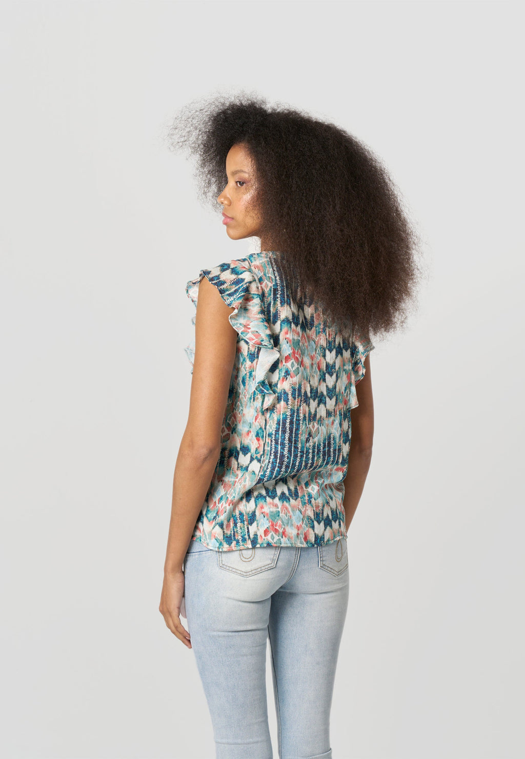 Blusa Mujer Manga Volante Estampada Cuello Pico – Koroshi Multicolor