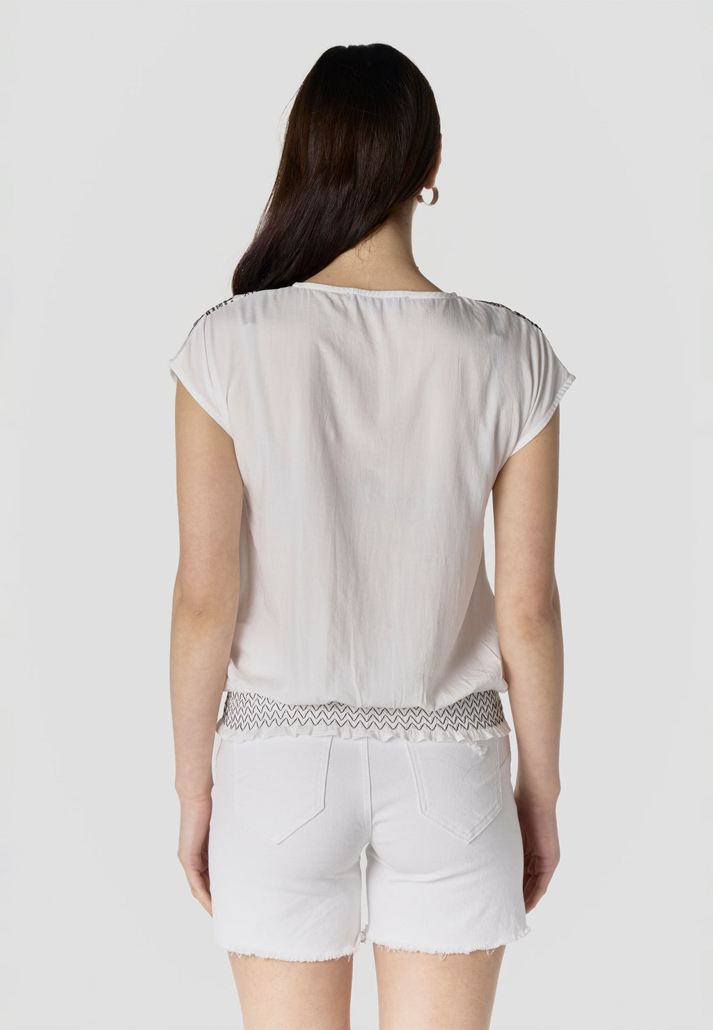 Blusa Mujer Manga Corta Bordado Escote Pico Smock – Koroshi 2612BL45