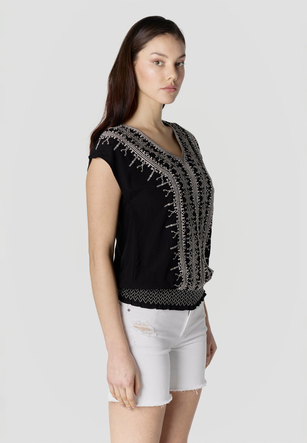 Blusa Mujer Manga Corta Bordado Escote Pico Smock – Koroshi 2612BL45