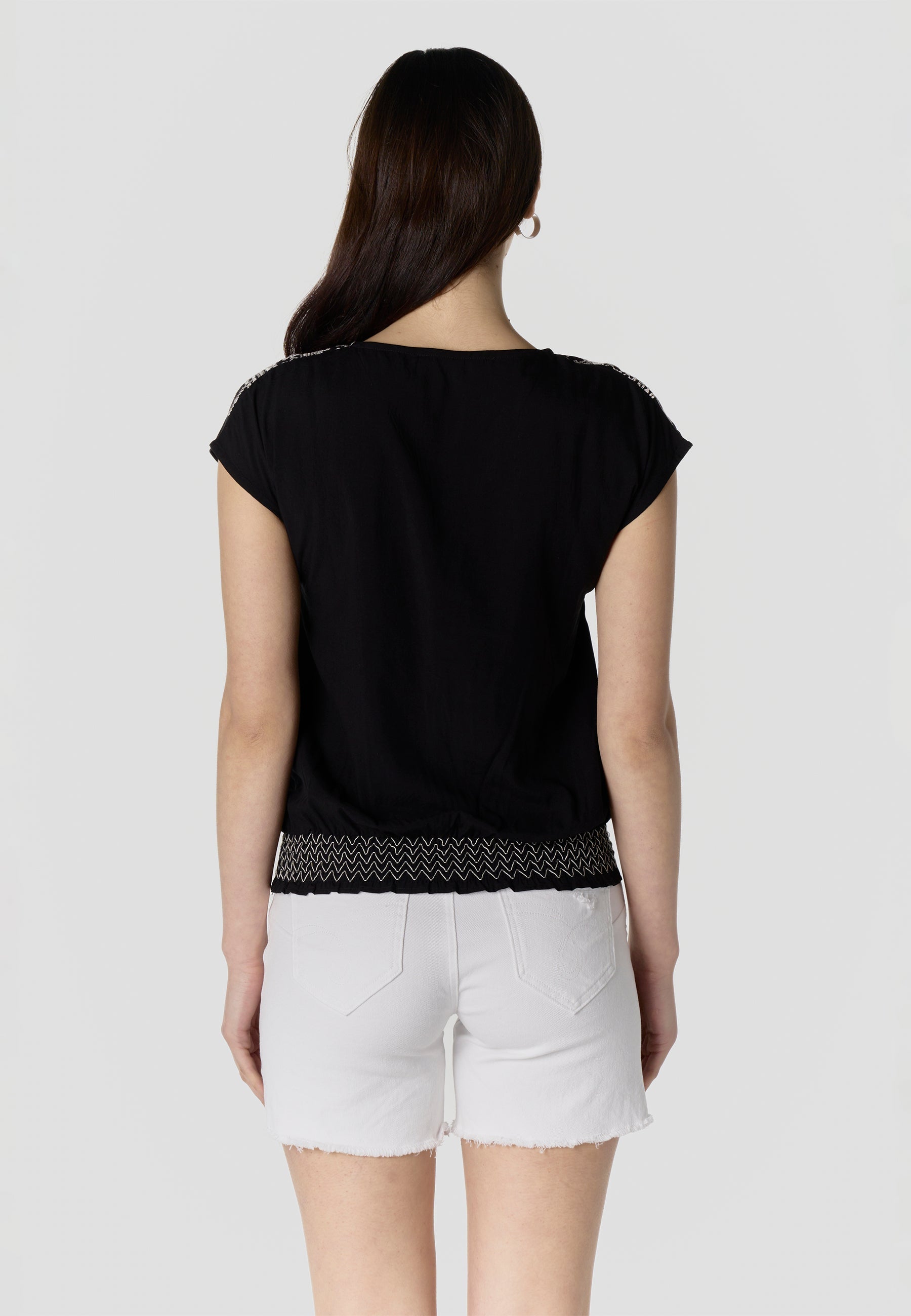 Blusa Mujer Manga Corta Bordado Escote Pico Smock – Koroshi 2612BL45