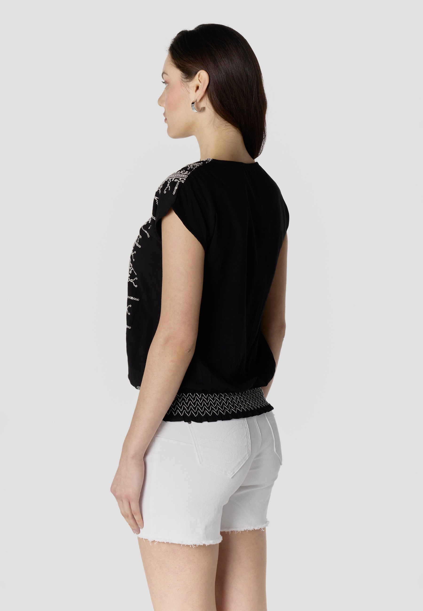 Blusa Mujer Manga Corta Bordado Escote Pico Smock – Koroshi 2612BL45