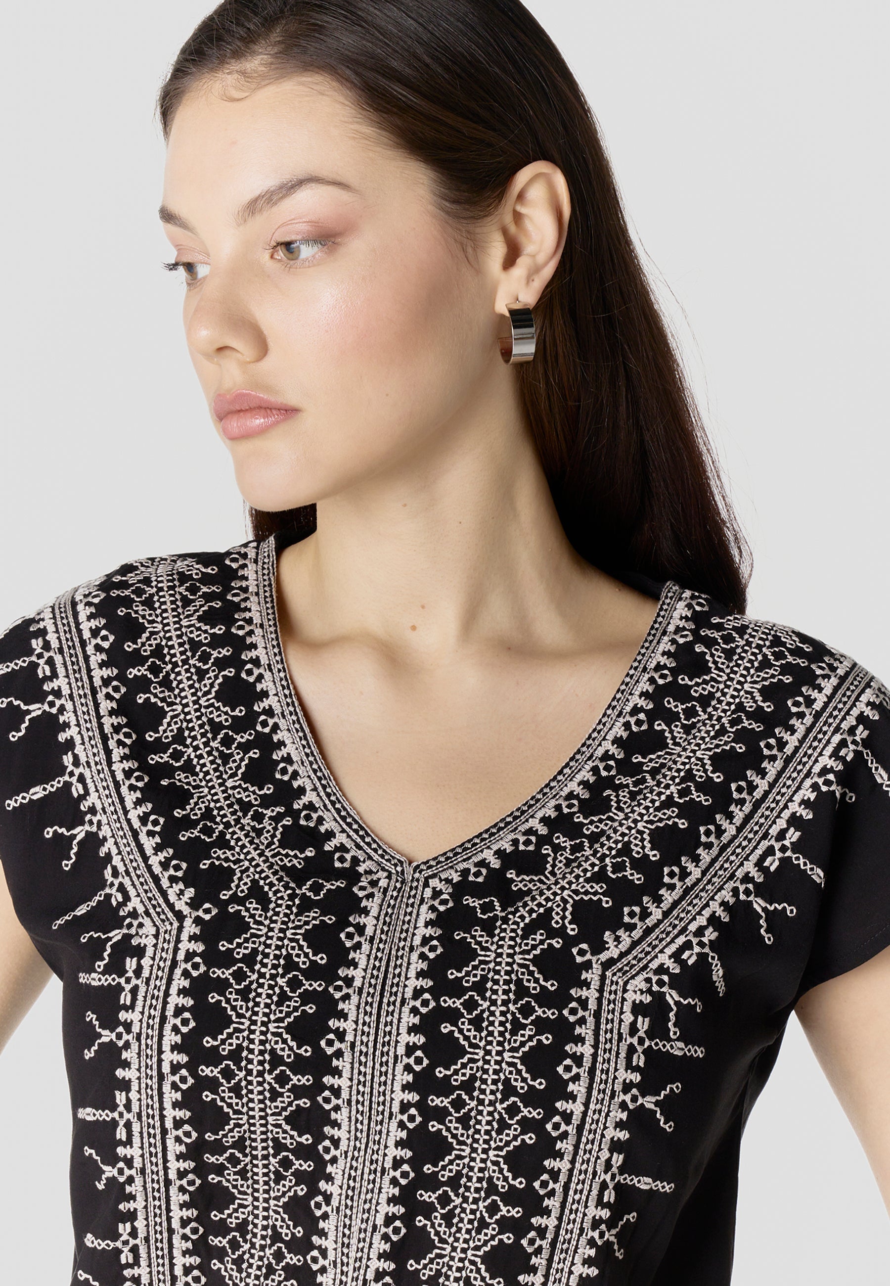 Blusa Mujer Manga Corta Bordado Escote Pico Smock – Koroshi 2612BL45