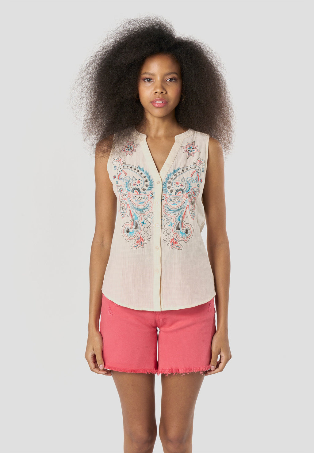 Blusa Mujer Sin Mangas Bordado Paisley Escote Pico – Koroshi 2612BL50