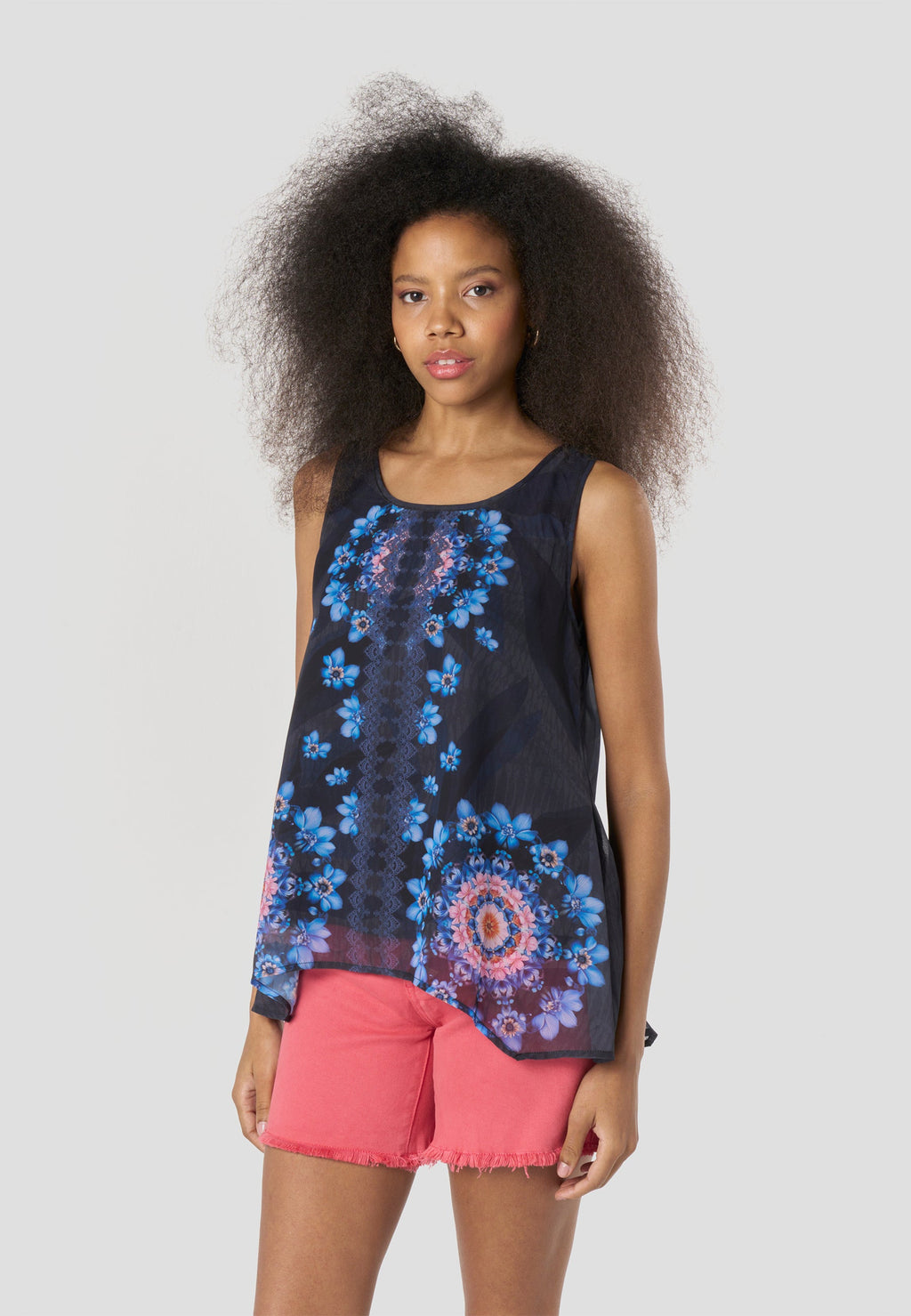Blusa Mujer Sin Mangas Escote Redondo Estampado Floral – Koroshi Azul Marino