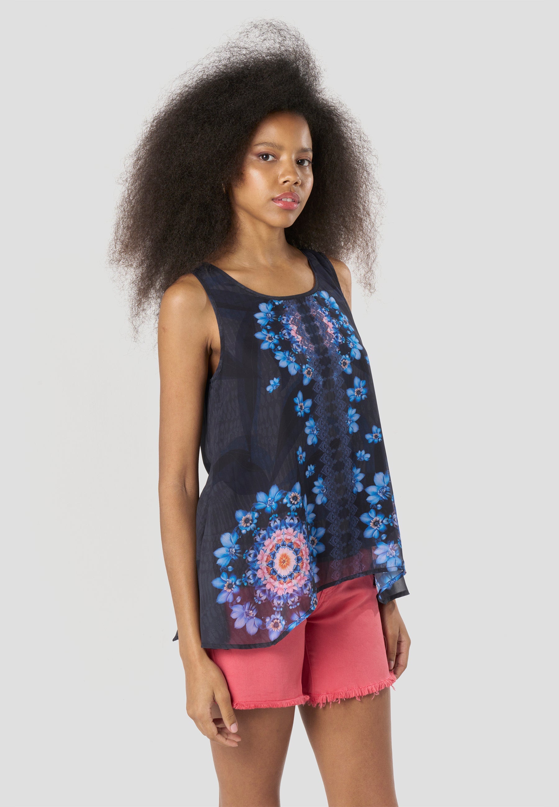 Blusa Mujer Sin Mangas Escote Redondo Estampado Floral – Koroshi Azul Marino