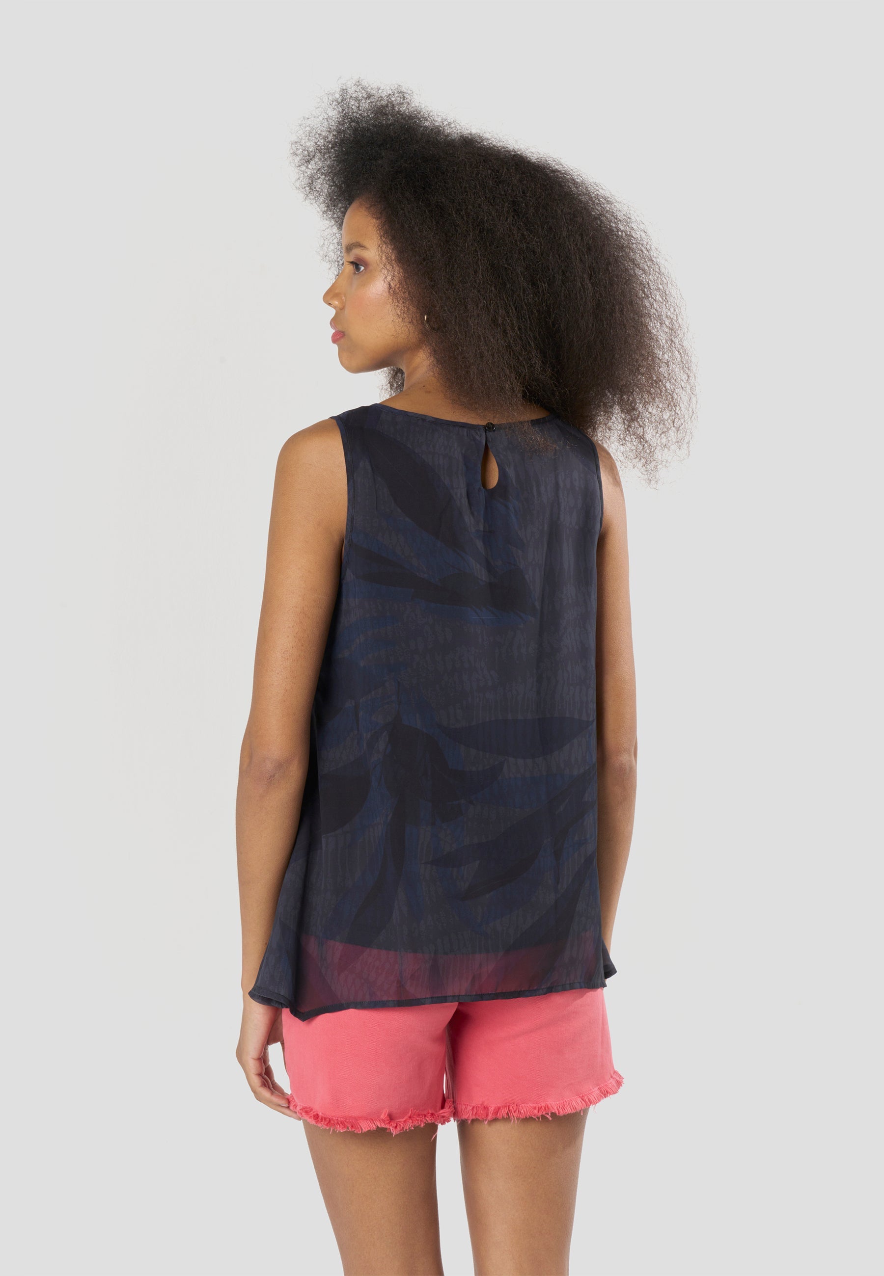 Blusa Mujer Sin Mangas Escote Redondo Estampado Floral – Koroshi Azul Marino