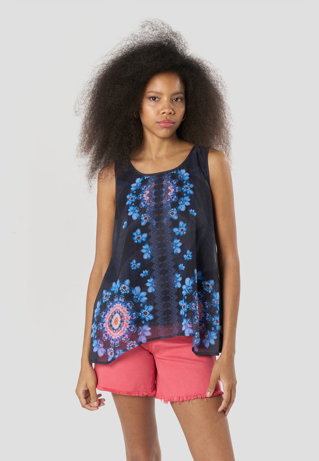 Blusa Mujer Sin Mangas Escote Redondo Estampado Floral – Koroshi Azul Marino