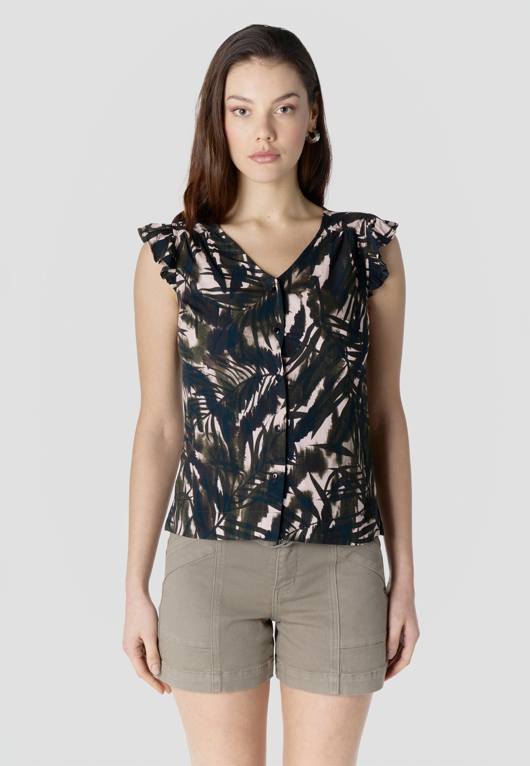 Blusa Mujer Manga Corta Volante Escote Pico Estampado Botánico – Koroshi Kaki