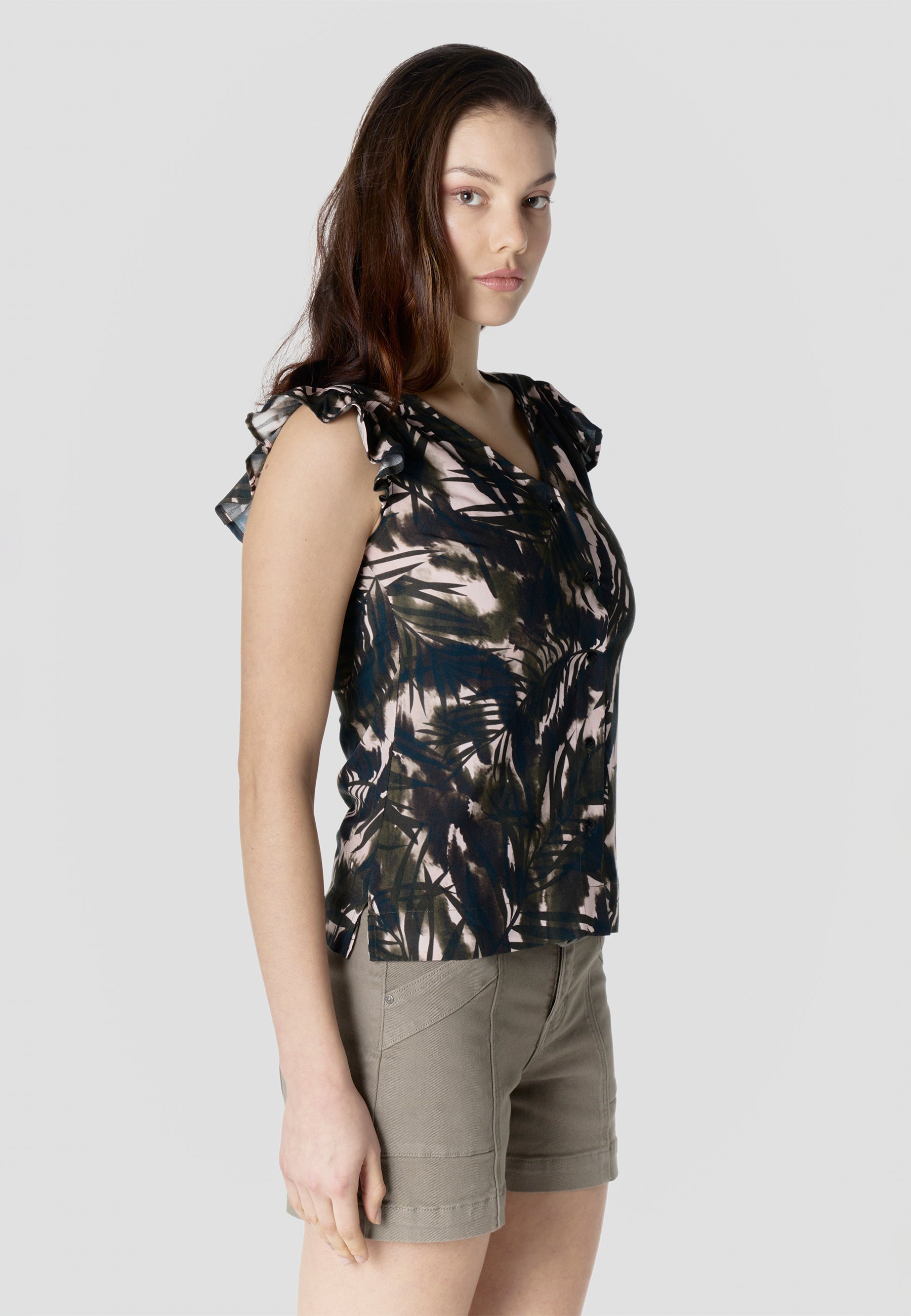 Blusa Mujer Manga Corta Volante Escote Pico Estampado Botánico – Koroshi Kaki