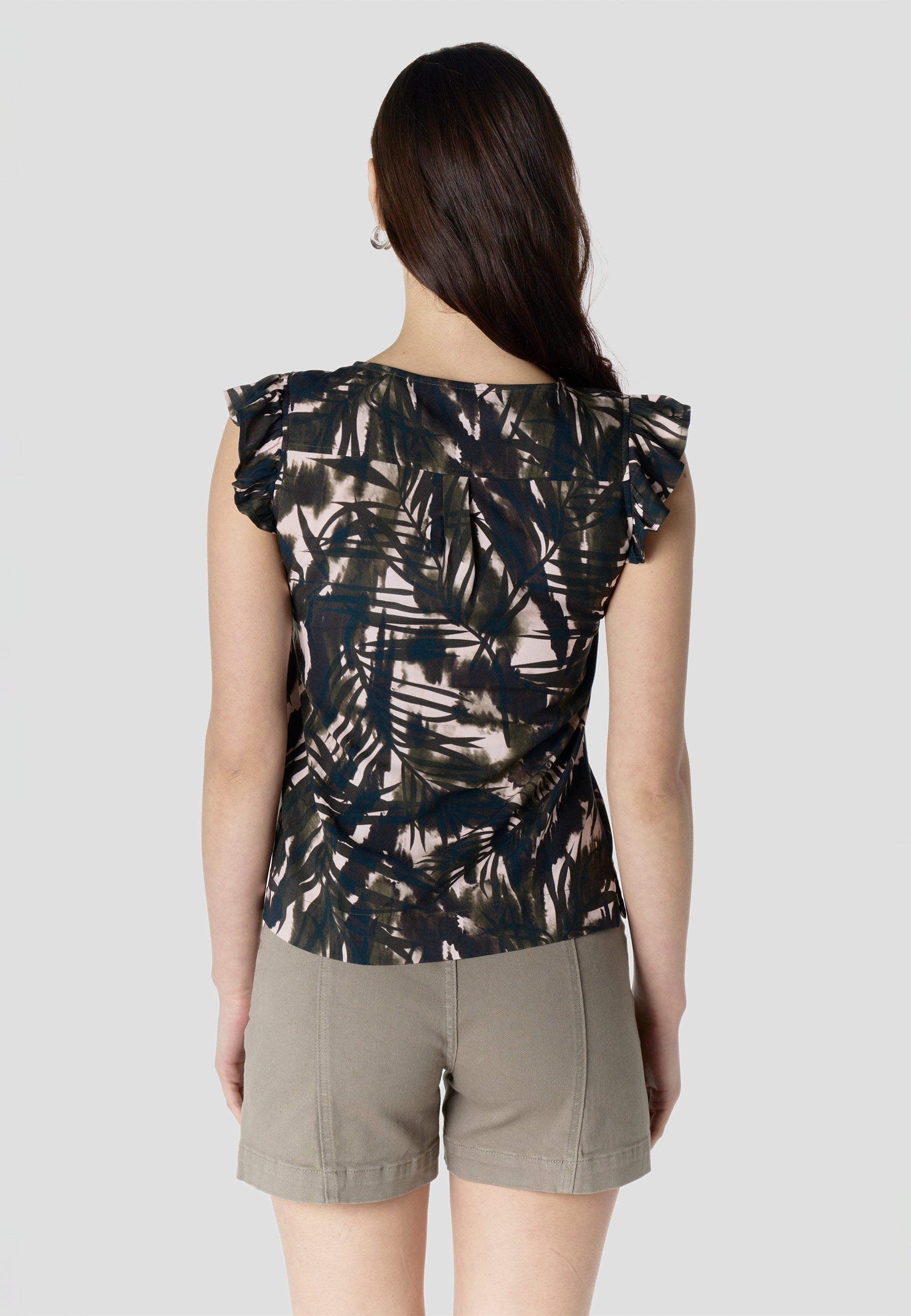 Blusa Mujer Manga Corta Volante Escote Pico Estampado Botánico – Koroshi Kaki
