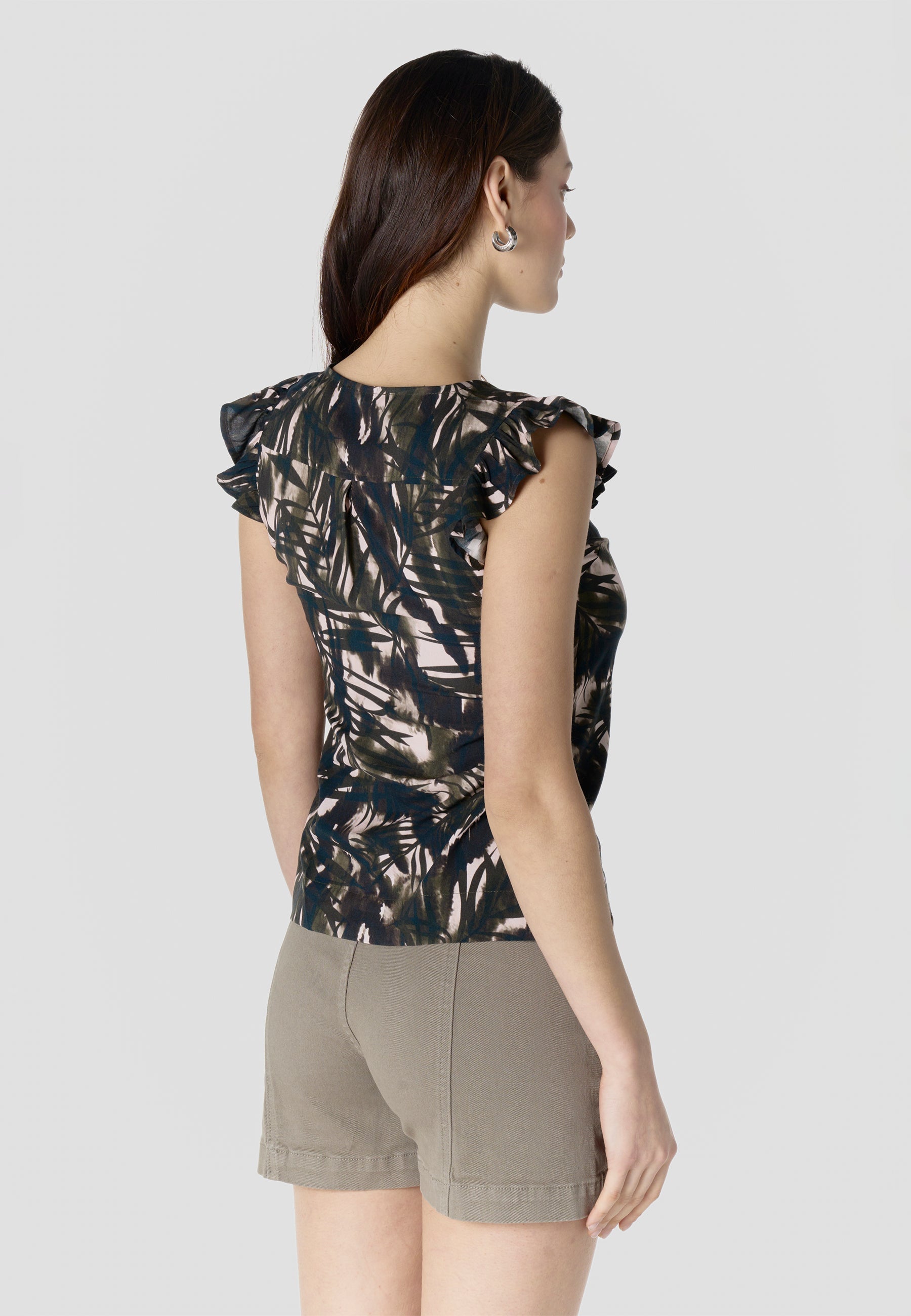 Blusa Mujer Manga Corta Volante Escote Pico Estampado Botánico – Koroshi Kaki