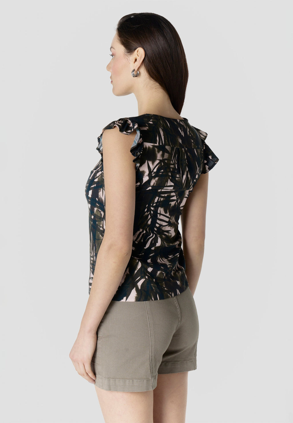 Blusa Mujer Manga Corta Volante Escote Pico Estampado Botánico – Koroshi Kaki