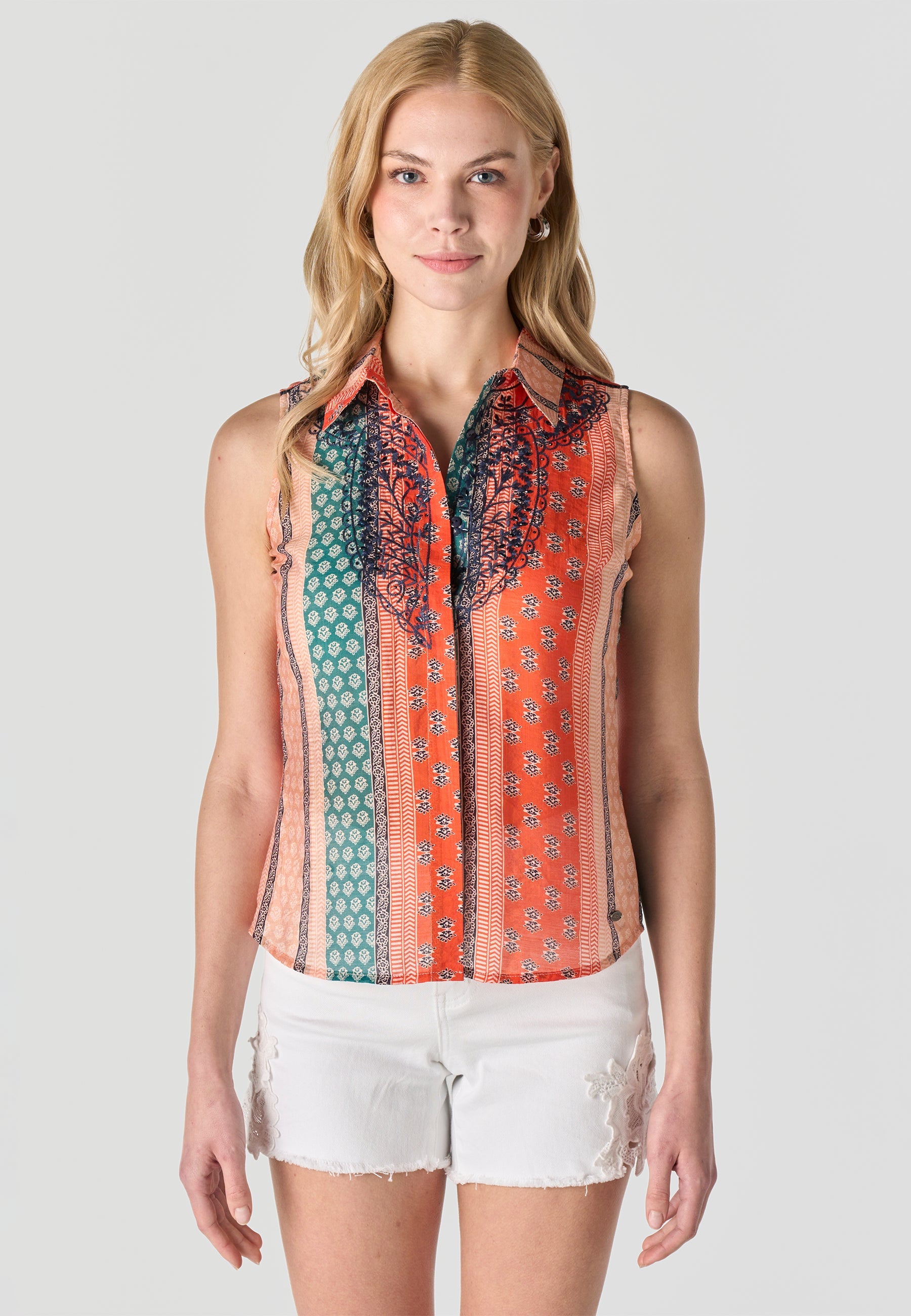 Camisa Mujer Sin Mangas Cuello Camisero Estampada – Koroshi Multicolor