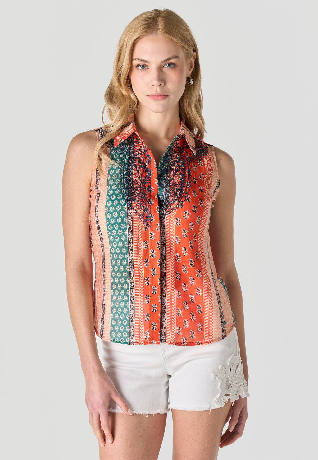 Camisa Mujer Sin Mangas Cuello Camisero Estampada – Koroshi Multicolor