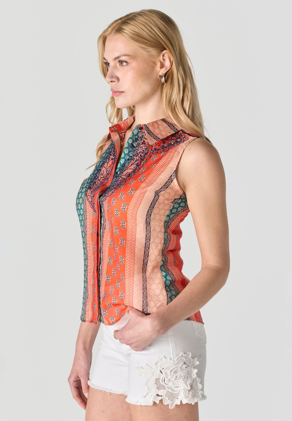 Camisa Mujer Sin Mangas Cuello Camisero Estampada – Koroshi Multicolor