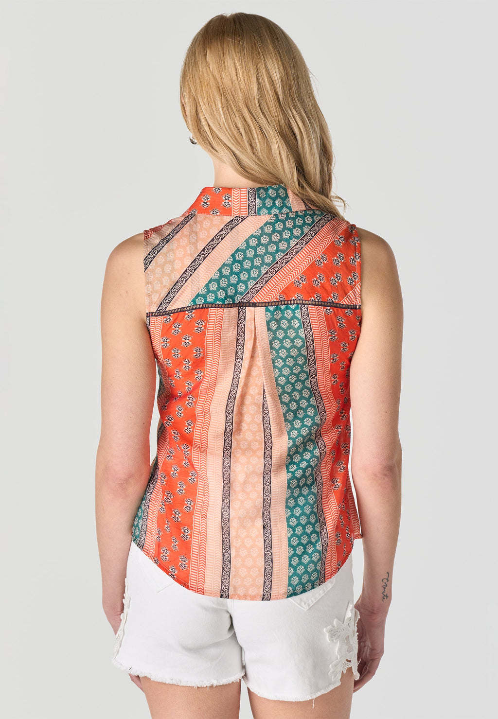 Camisa Mujer Sin Mangas Cuello Camisero Estampada – Koroshi Multicolor