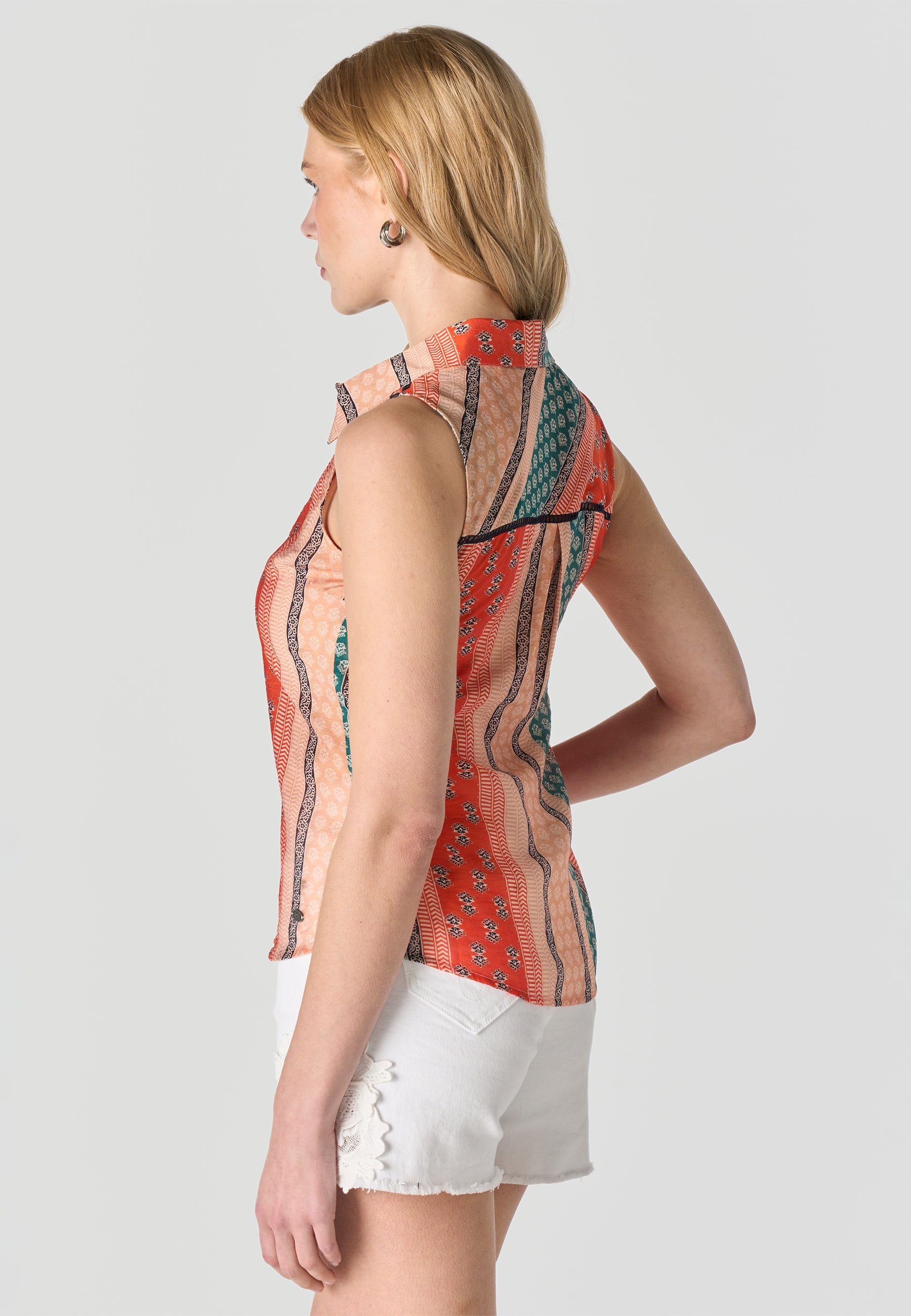 Camisa Mujer Sin Mangas Cuello Camisero Estampada – Koroshi Multicolor