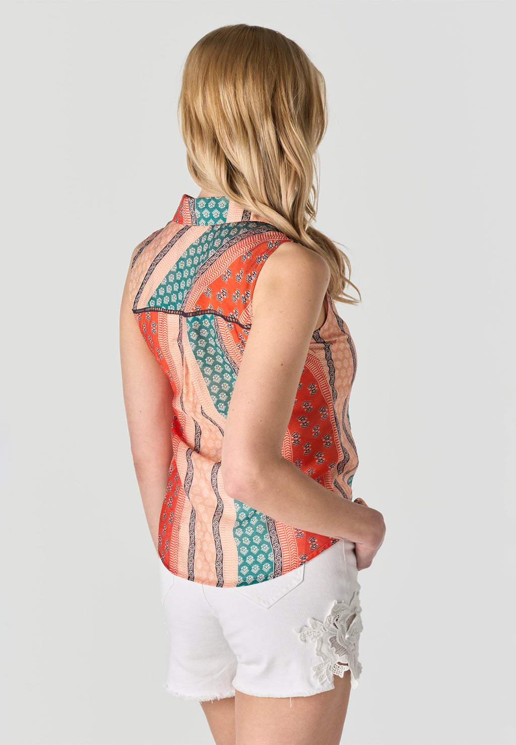 Camisa Mujer Sin Mangas Cuello Camisero Estampada – Koroshi Multicolor