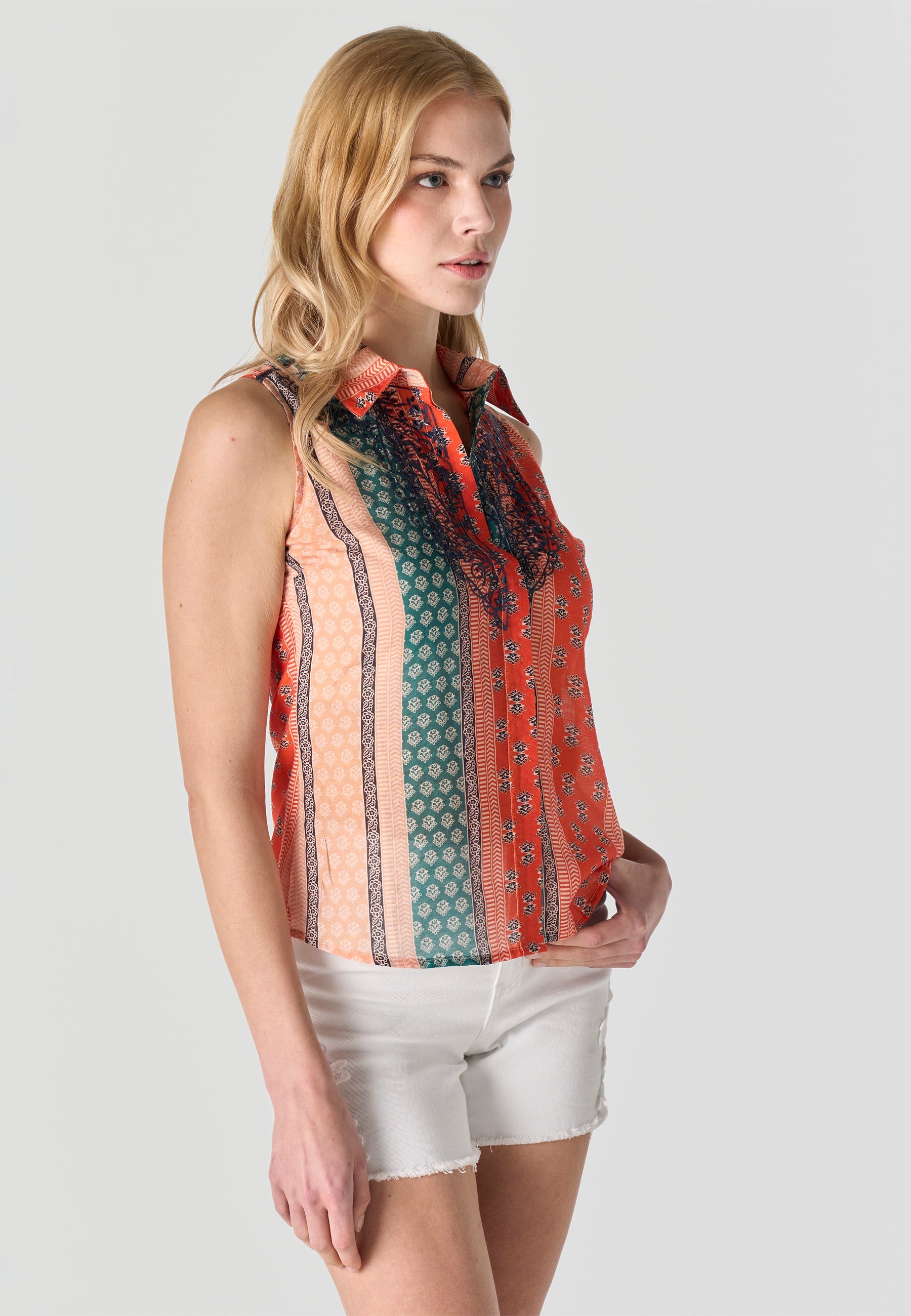 Camisa Mujer Sin Mangas Cuello Camisero Estampada – Koroshi Multicolor