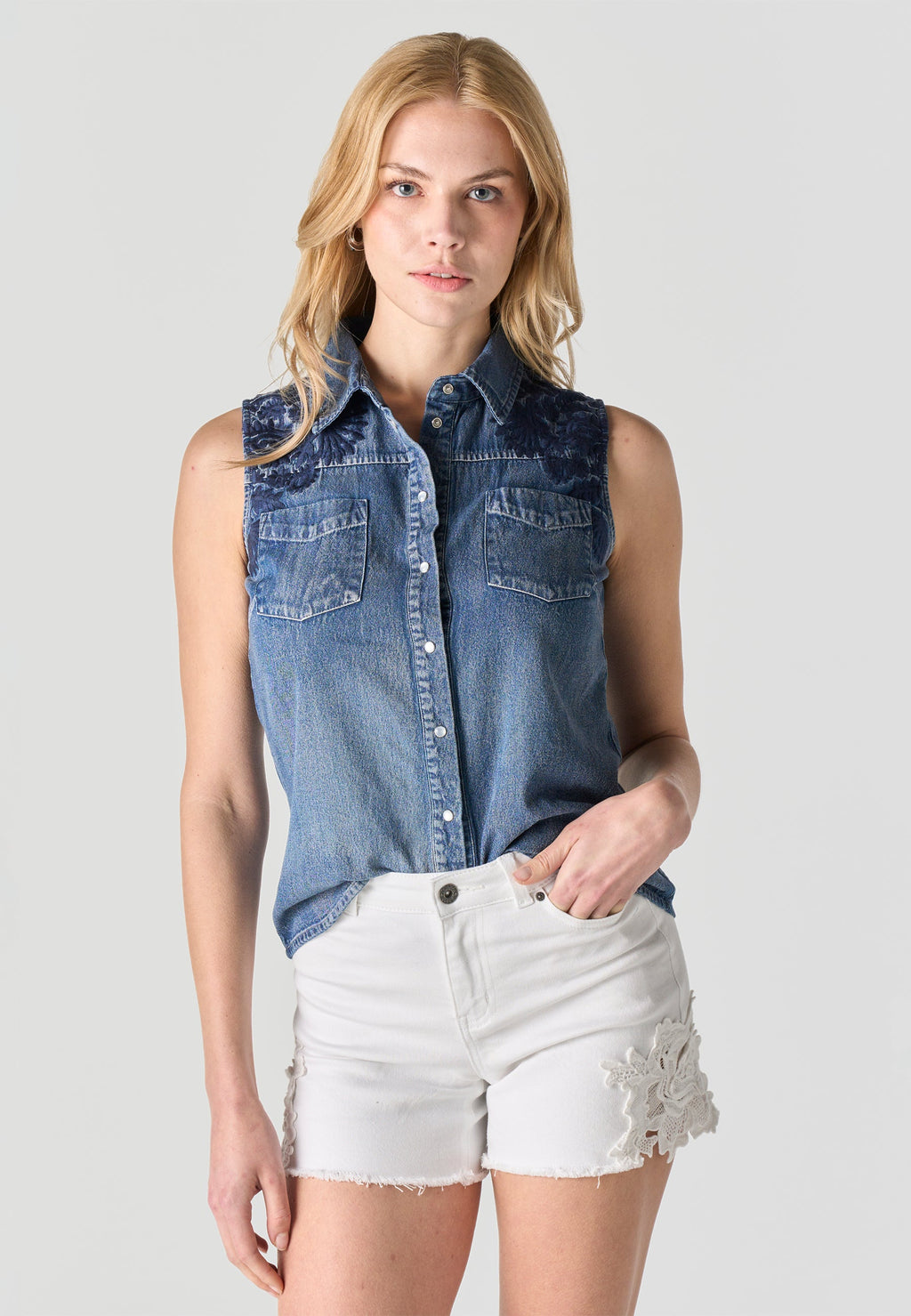 Camisa Mujer Sin Mangas Vaquera Bordada – Koroshi Azul