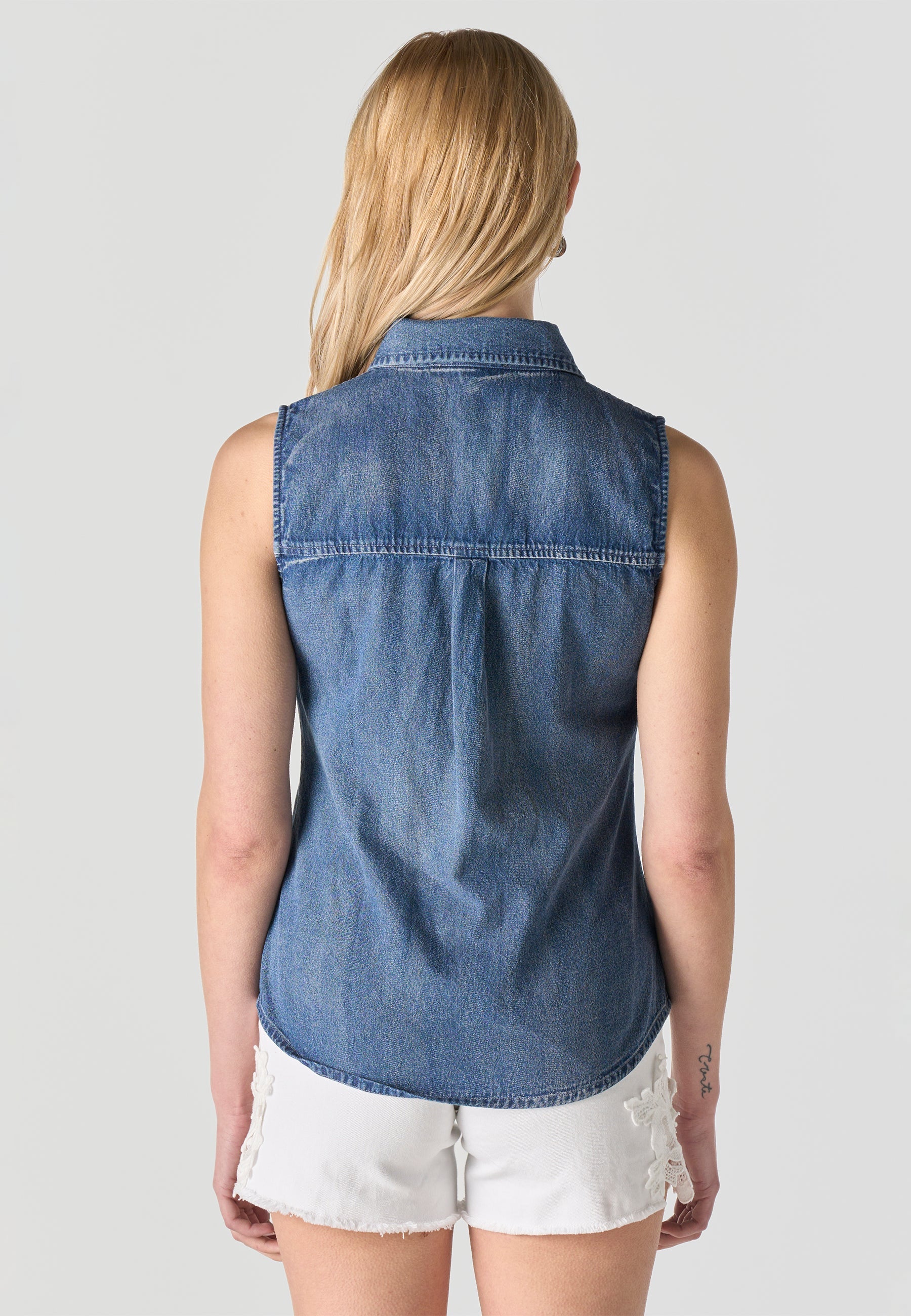 Camisa Mujer Sin Mangas Vaquera Bordada – Koroshi Azul