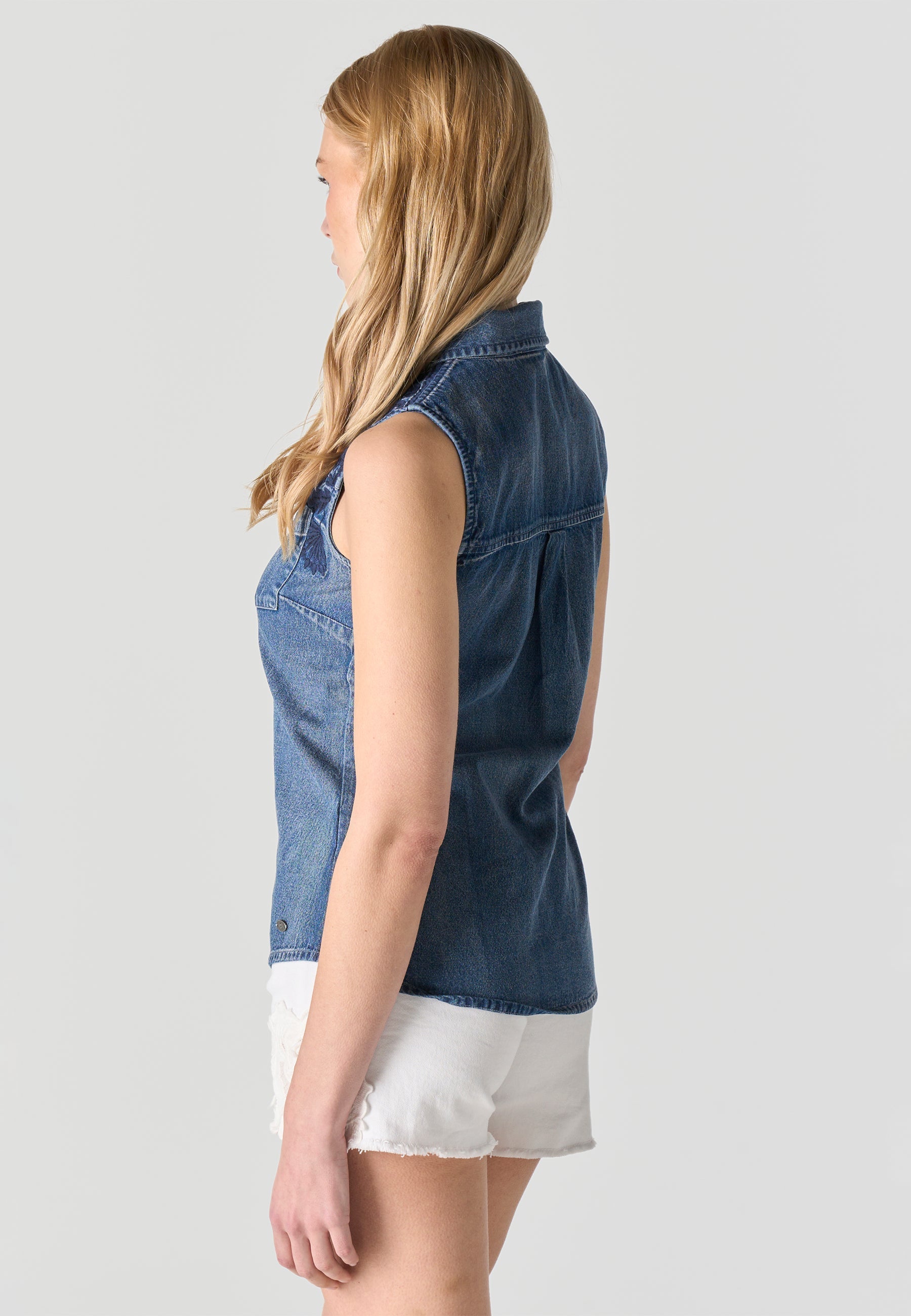 Camisa Mujer Sin Mangas Vaquera Bordada – Koroshi Azul
