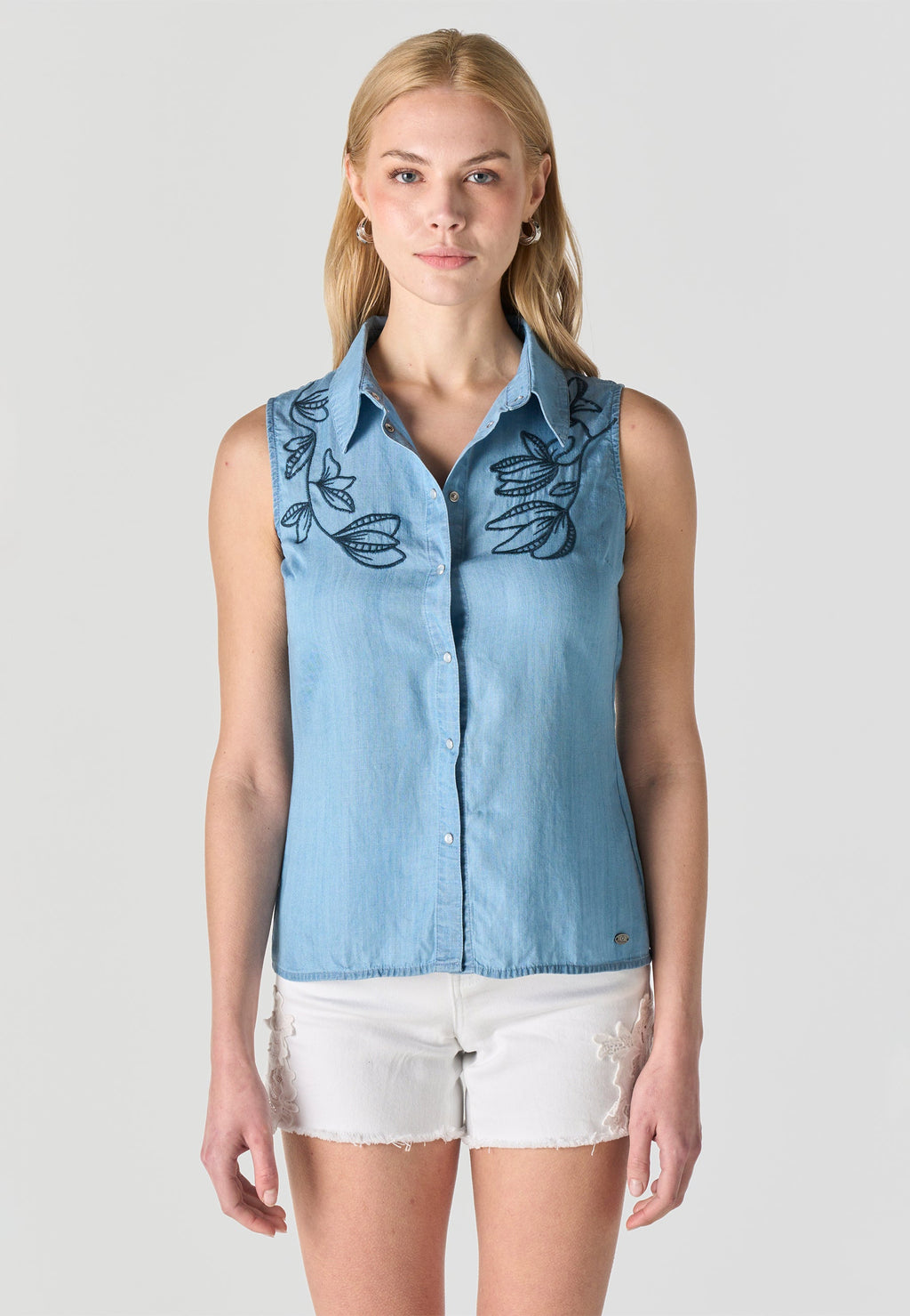 Blusa Mujer Sin Mangas Bordada Efecto Denim – Koroshi Azul