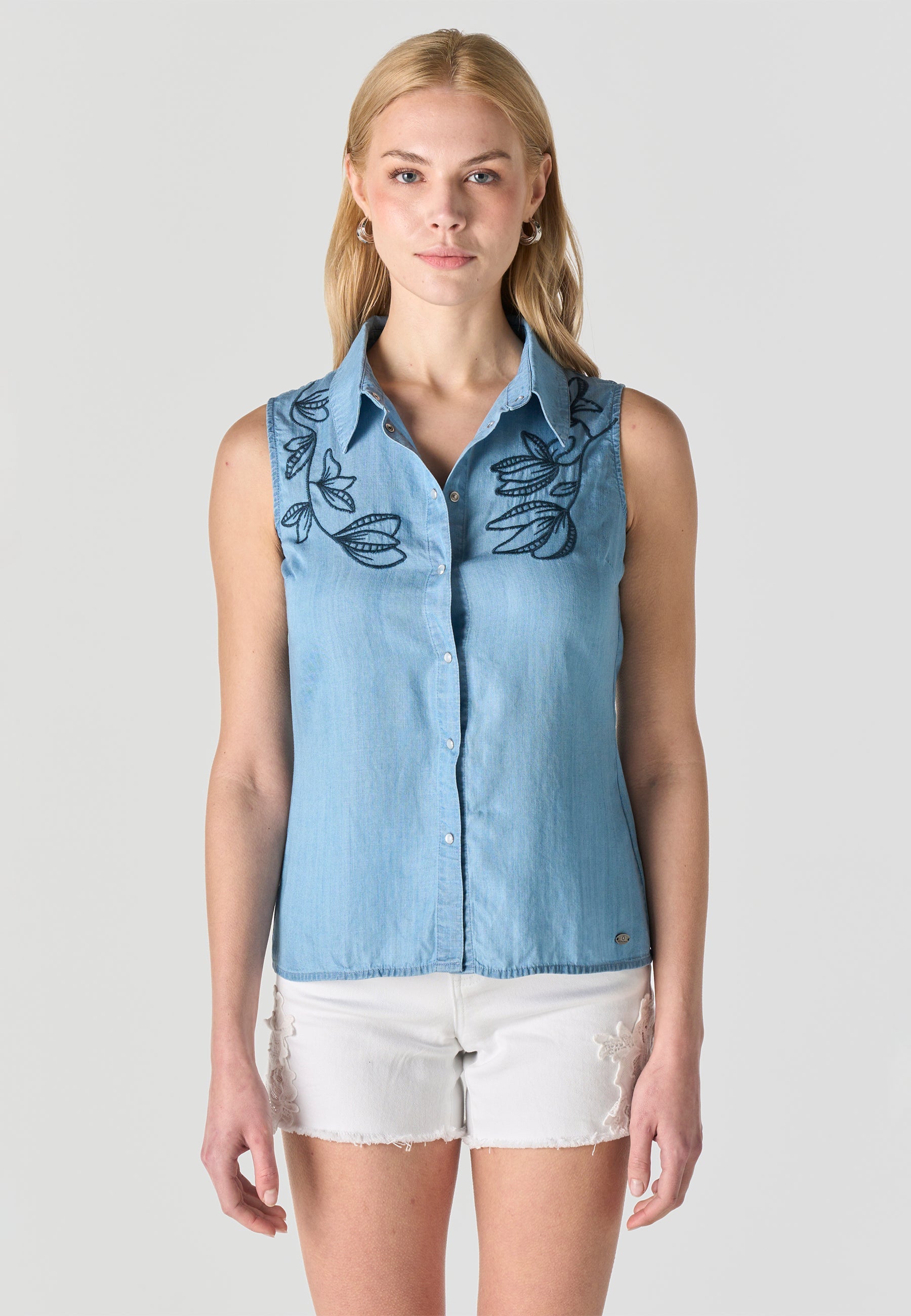 Blusa Mujer Sin Mangas Bordada Efecto Denim – Koroshi Azul