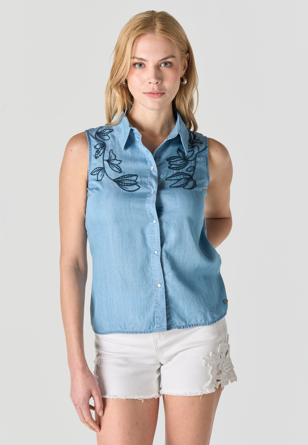 Blusa Mujer Sin Mangas Bordada Efecto Denim – Koroshi Azul