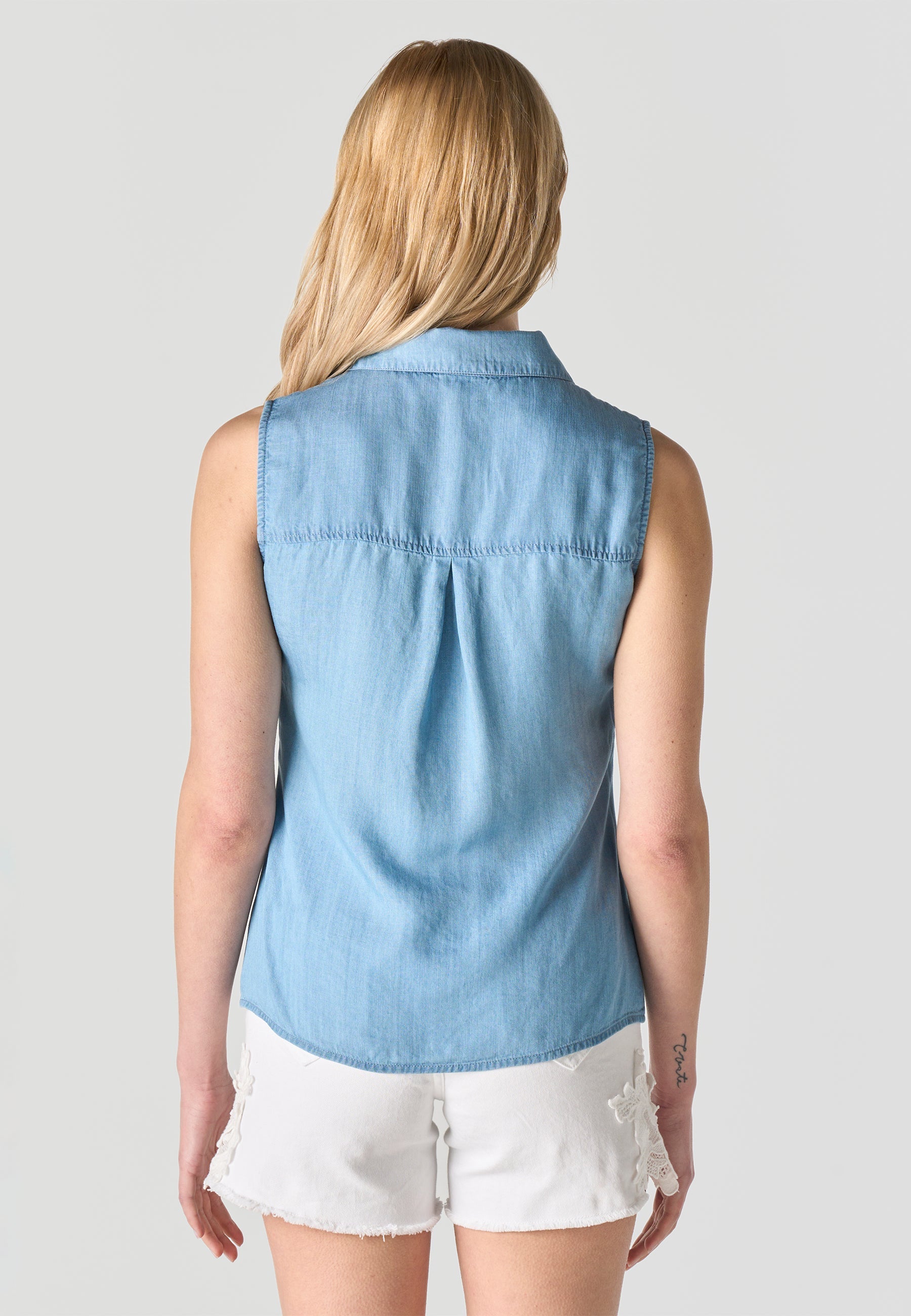 Blusa Mujer Sin Mangas Bordada Efecto Denim – Koroshi Azul