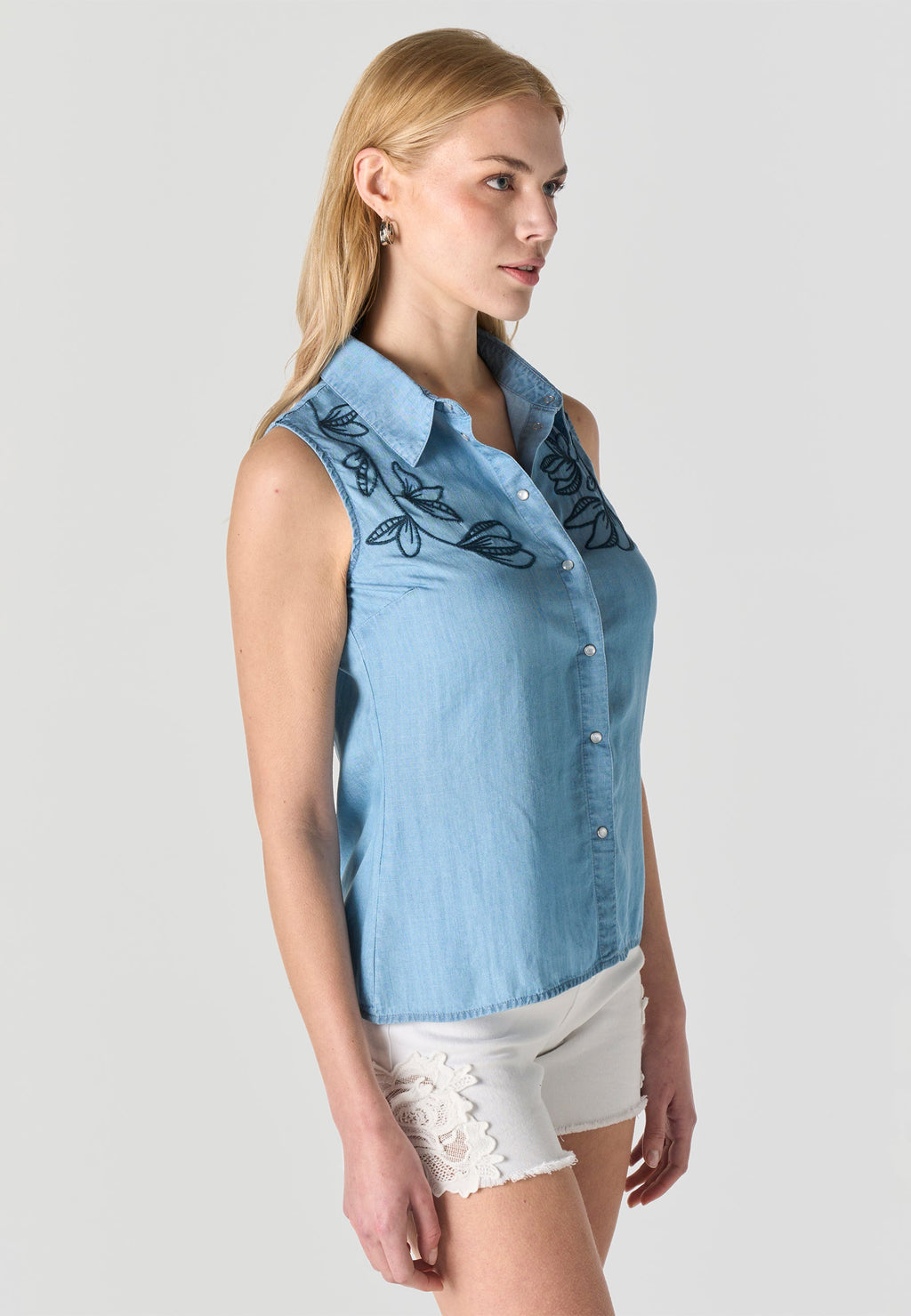 Blusa Mujer Sin Mangas Bordada Efecto Denim – Koroshi Azul