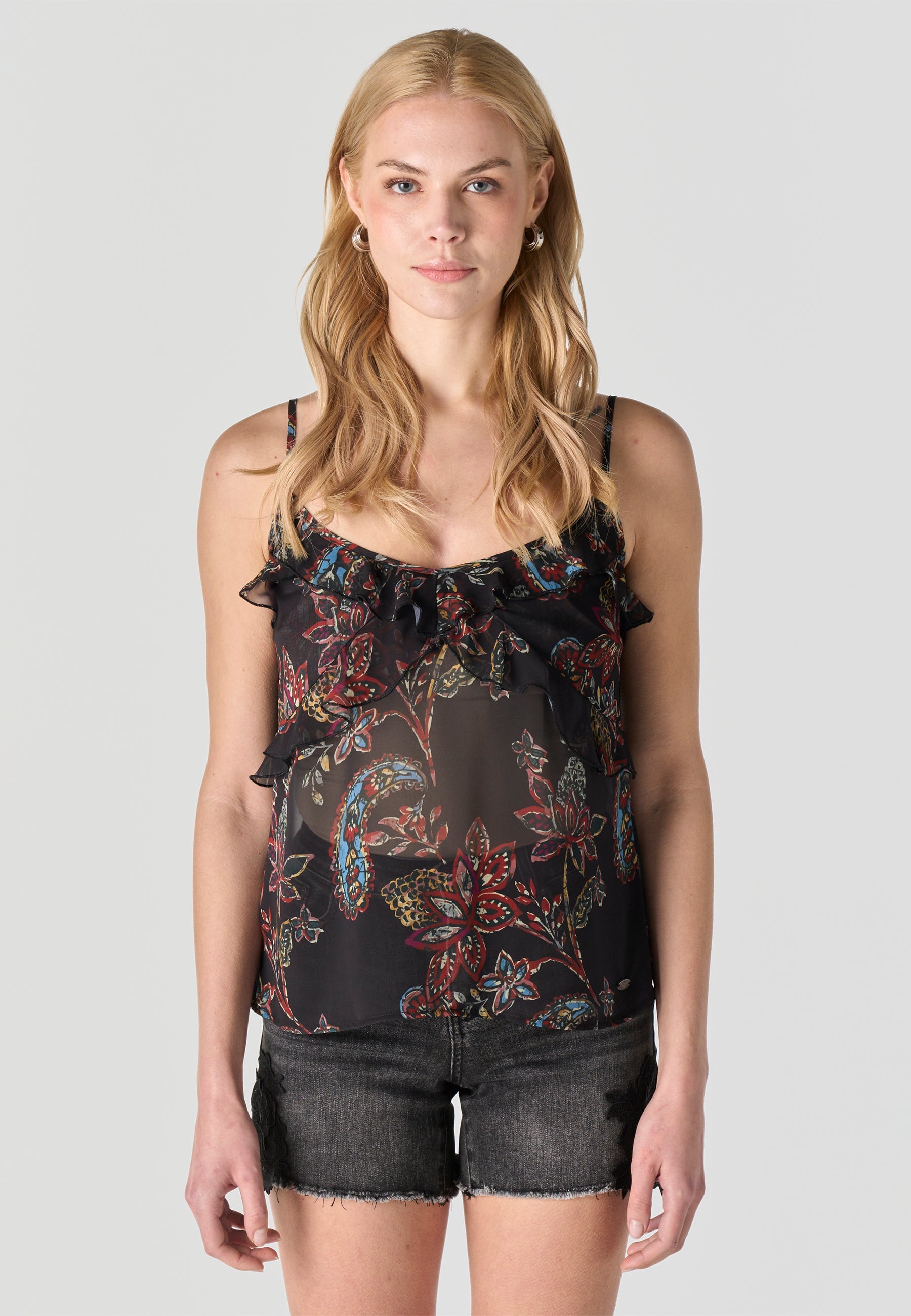 Blusa Mujer Tirantes Semitransparente Floral – Koroshi Negro