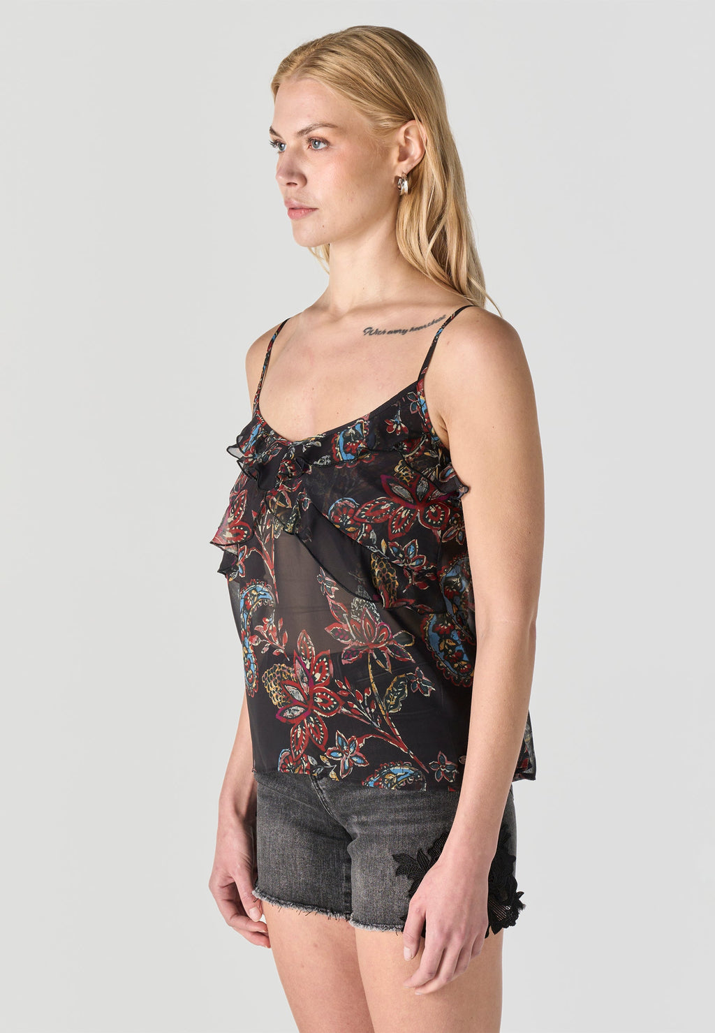 Blusa Mujer Tirantes Semitransparente Floral – Koroshi Negro