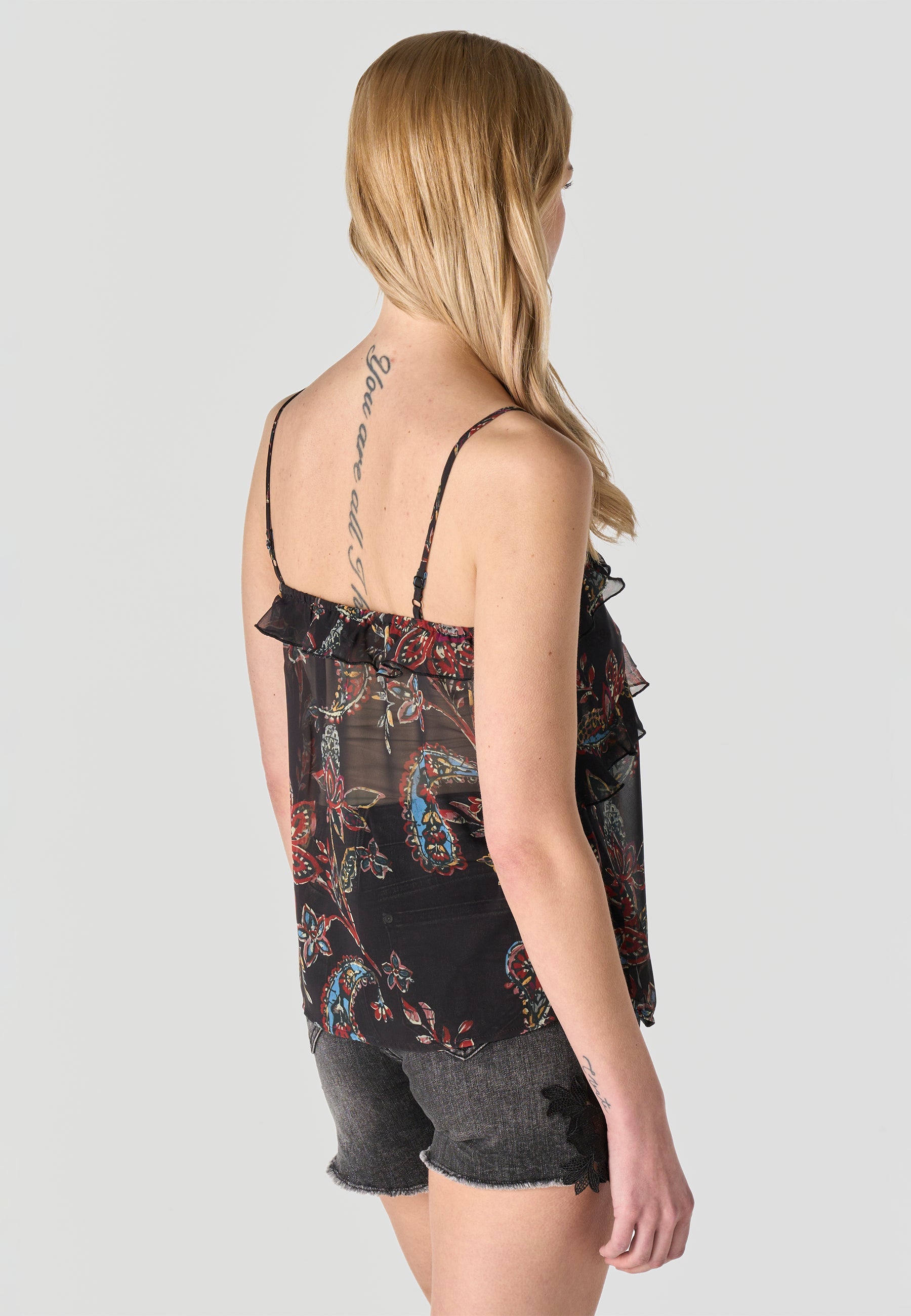 Blusa Mujer Tirantes Semitransparente Floral – Koroshi Negro