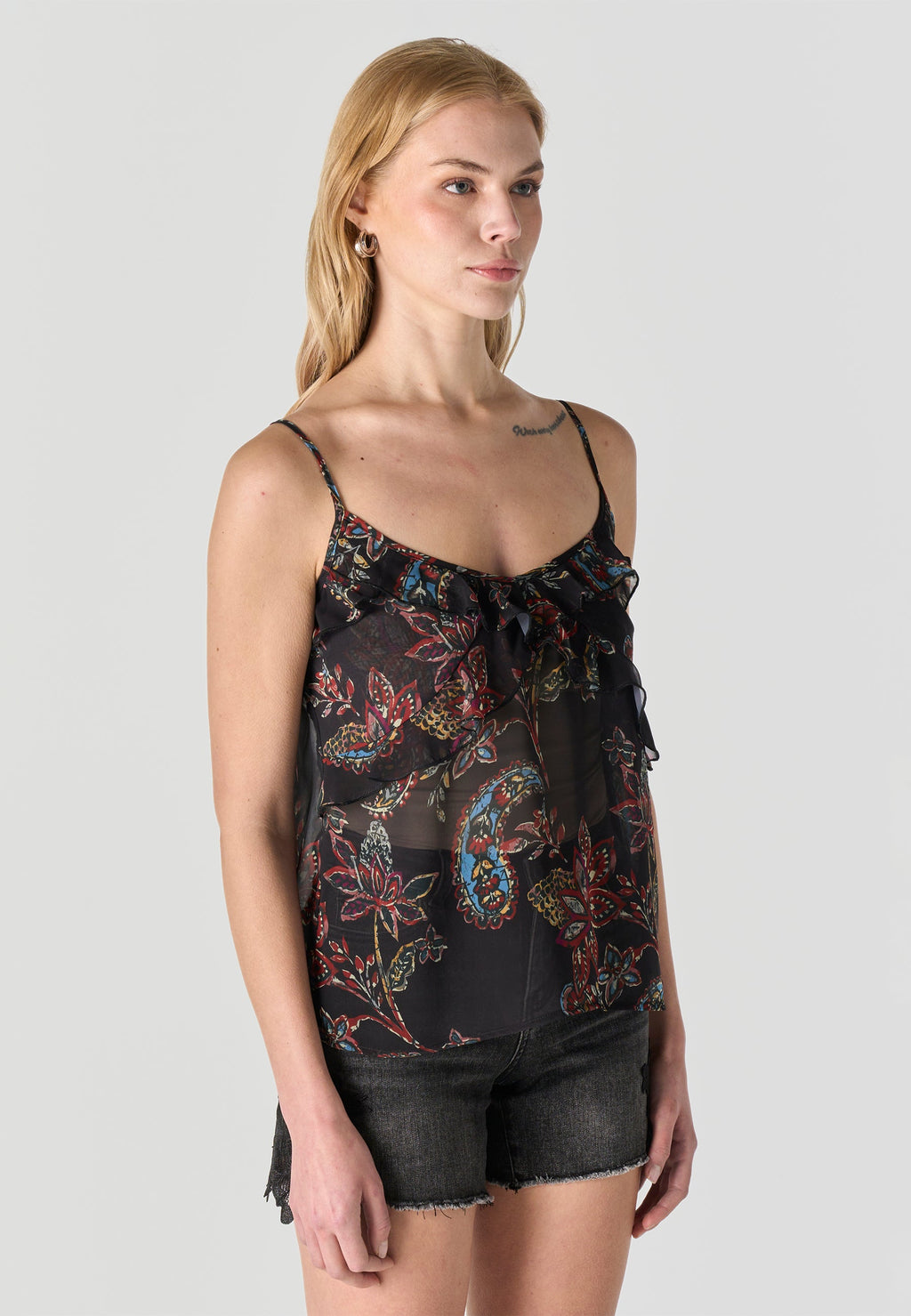 Blusa Mujer Tirantes Semitransparente Floral – Koroshi Negro